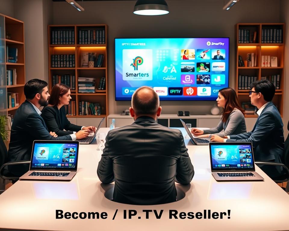 A professional and modern workspace focused on IPTV services. In the foreground, a diverse group of three professionals in business attire engaging in a discussion around a sleek conference table with laptops and digital devices displaying IPTV Smarters interface. The middle ground features a large screen showing a vibrant and user-friendly IPTV platform interface, demonstrating various channels and features. In the background, shelves are lined with technology books and IPTV promotional materials, with warm lighting creating an inviting atmosphere. The scene conveys a sense of collaboration, innovation, and business potential, highlighting the theme of becoming an IPTV reseller in a dynamic digital age. A professional and modern workspace focused on IPTV services. In the foreground, a diverse group of three professionals in business attire engaging in a discussion around a sleek conference table with laptops and digital devices displaying IPTV Smarters interface. The middle ground features a large screen showing a vibrant and user-friendly IPTV platform interface, demonstrating various channels and features. In the background, shelves are lined with technology books and IPTV promotional materials, with warm lighting creating an inviting atmosphere. The scene conveys a sense of collaboration, innovation, and business potential, highlighting the theme of becoming an IPTV reseller in a dynamic digital age.