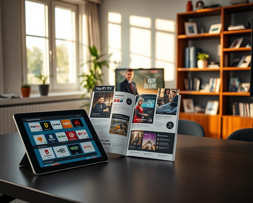 A professional and modern workspace showcasing a range of IPTV subscription offers. In the foreground, a sleek desk displays a tablet and laptop with IPTV applications open, highlighting subscription options. The middle layer features an open brochure with vibrant graphics illustrating various subscription packages, such as premium channels and sports bundles. Soft, natural lighting enters through a nearby window, casting gentle shadows and creating a warm atmosphere. The background includes a stylish bookshelf filled with tech magazines and family photo frames, enhancing the inviting ambiance. The overall mood is informative and engaging, aimed at potential customers considering IPTV services in France. A professional and modern workspace showcasing a range of IPTV subscription offers. In the foreground, a sleek desk displays a tablet and laptop with IPTV applications open, highlighting subscription options. The middle layer features an open brochure with vibrant graphics illustrating various subscription packages, such as premium channels and sports bundles. Soft, natural lighting enters through a nearby window, casting gentle shadows and creating a warm atmosphere. The background includes a stylish bookshelf filled with tech magazines and family photo frames, enhancing the inviting ambiance. The overall mood is informative and engaging, aimed at potential customers considering IPTV services in France.