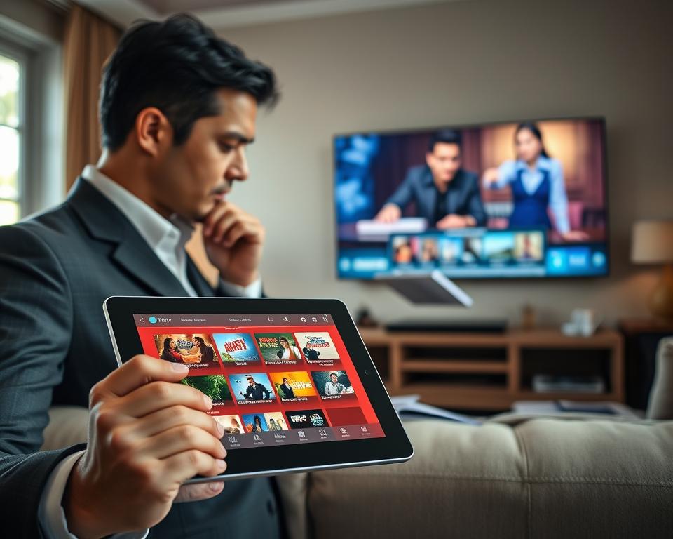 A professional and visually engaging composition depicting the concept of "Quality IPTV Streaming Criteria." In the foreground, a sleek, modern tablet displays a vibrant interface of IPTV services, showcasing various channels and programs. In the middle ground, a well-dressed professional, in business attire, thoughtfully evaluates the tablet, with a notepad and pen in hand, indicating a serious assessment process. The background features a cozy living room setting with a large screen displaying high-definition streaming of a popular movie. Soft, natural lighting from a nearby window creates a warm, inviting atmosphere, while the lens angle captures both the tablet in detail and the professional's focused expression. The overall mood should convey a sense of informed decision-making and satisfaction in quality streaming choices. A professional and visually engaging composition depicting the concept of "Quality IPTV Streaming Criteria." In the foreground, a sleek, modern tablet displays a vibrant interface of IPTV services, showcasing various channels and programs. In the middle ground, a well-dressed professional, in business attire, thoughtfully evaluates the tablet, with a notepad and pen in hand, indicating a serious assessment process. The background features a cozy living room setting with a large screen displaying high-definition streaming of a popular movie. Soft, natural lighting from a nearby window creates a warm, inviting atmosphere, while the lens angle captures both the tablet in detail and the professional's focused expression. The overall mood should convey a sense of informed decision-making and satisfaction in quality streaming choices.