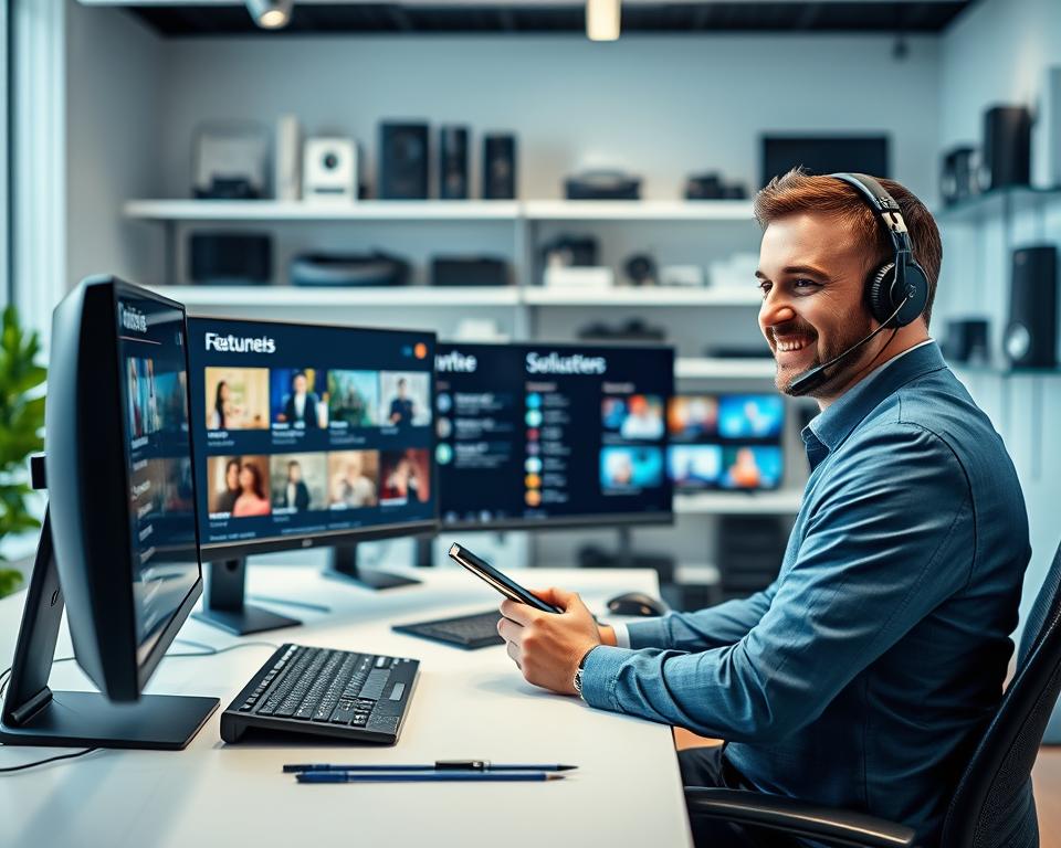 A professional and welcoming customer support scene for IPTV Smarters. In the foreground, a friendly support agent in business attire sits at a modern desk, attentively speaking on the phone and taking notes on a tablet. In the middle, display a sleek, high-tech computer setup with IPTV Smarters interface visible on the screen, showcasing channel options and features. In the background, soft-focus shelves lined with tech gadgets and troubleshooting guides convey a tech-centric environment. The lighting is bright and inviting, with soft white tones highlighting the professionalism of the space. The mood conveys reliability and expertise, emphasizing a commitment to customer care and technical support. A professional and welcoming customer support scene for IPTV Smarters. In the foreground, a friendly support agent in business attire sits at a modern desk, attentively speaking on the phone and taking notes on a tablet. In the middle, display a sleek, high-tech computer setup with IPTV Smarters interface visible on the screen, showcasing channel options and features. In the background, soft-focus shelves lined with tech gadgets and troubleshooting guides convey a tech-centric environment. The lighting is bright and inviting, with soft white tones highlighting the professionalism of the space. The mood conveys reliability and expertise, emphasizing a commitment to customer care and technical support.