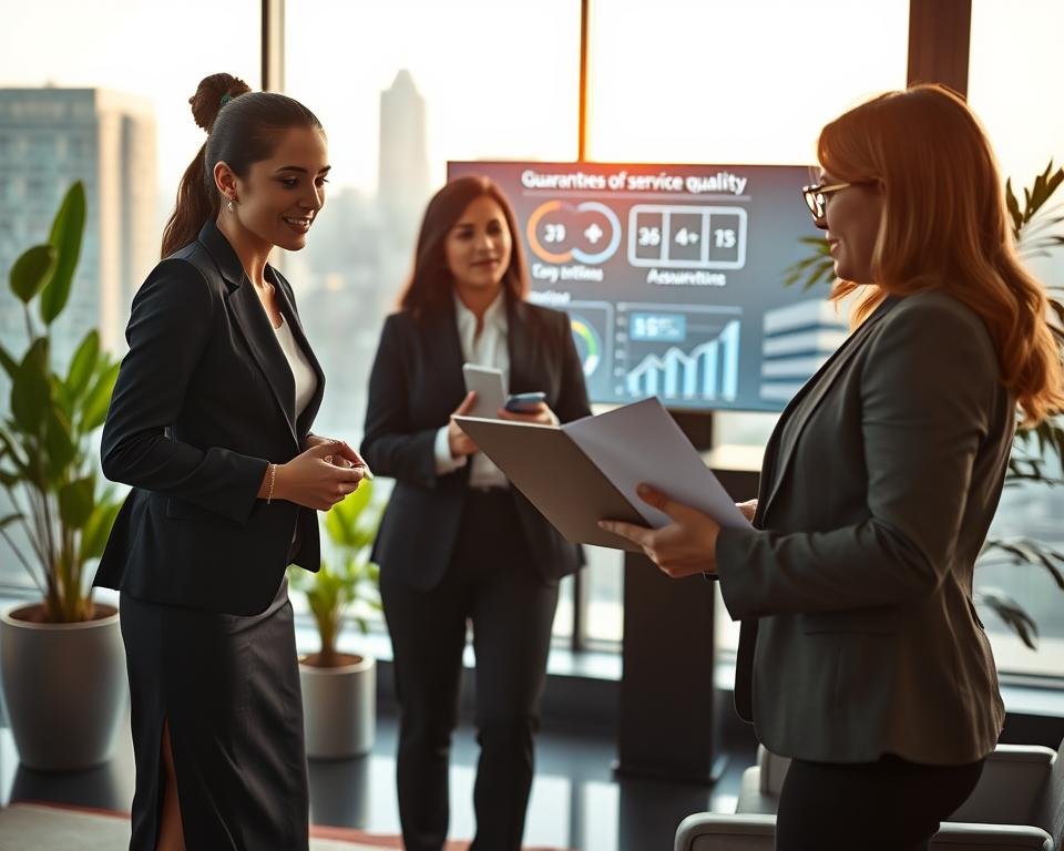 A professional business setting illustrating "guarantees of service quality" for an IPTV subscription service. In the foreground, a confident businesswoman dressed in smart professional attire, engaged in a discussion with a colleague, both animatedly sharing ideas and graphs on a sleek laptop. In the middle ground, a stylish office environment featuring a large window with natural light streaming in, displaying a cityscape. Elegant plants add a touch of greenery, and a digital screen highlights key metrics symbolizing quality assurances in IPTV. The background should have a subtle blur to focus on the professionals, with warm lighting creating an inviting atmosphere, suggesting innovation and trust. The overall mood is optimistic and forward-thinking. A professional business setting illustrating "guarantees of service quality" for an IPTV subscription service. In the foreground, a confident businesswoman dressed in smart professional attire, engaged in a discussion with a colleague, both animatedly sharing ideas and graphs on a sleek laptop. In the middle ground, a stylish office environment featuring a large window with natural light streaming in, displaying a cityscape. Elegant plants add a touch of greenery, and a digital screen highlights key metrics symbolizing quality assurances in IPTV. The background should have a subtle blur to focus on the professionals, with warm lighting creating an inviting atmosphere, suggesting innovation and trust. The overall mood is optimistic and forward-thinking.