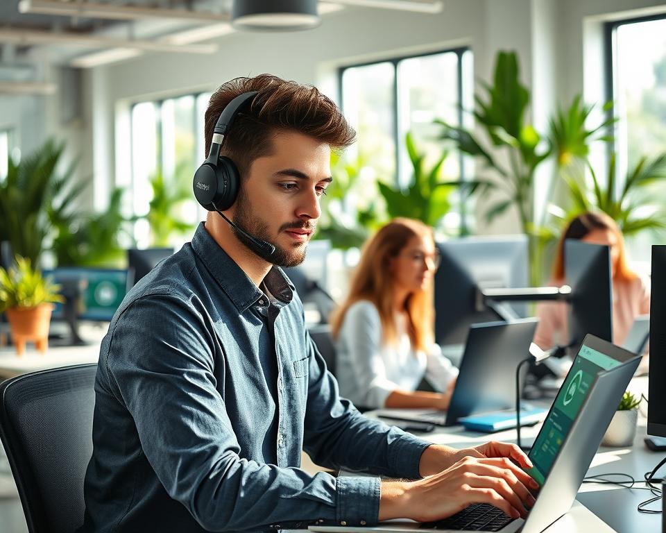 A professional customer support scene featuring a diverse group of technicians providing assistance via WhatsApp. In the foreground, a well-dressed technician, wearing a headset, is engaged in a conversation on a laptop with a WhatsApp interface visible. The middle ground showcases a modern workspace with multiple screens displaying technical support information and chat windows. In the background, a bright, open office filled with plants and contemporary decor creates a welcoming atmosphere. Natural sunlight streams through large windows, casting soft shadows. The mood is focused yet friendly, conveying a sense of urgency and professionalism in tech support. A professional customer support scene featuring a diverse group of technicians providing assistance via WhatsApp. In the foreground, a well-dressed technician, wearing a headset, is engaged in a conversation on a laptop with a WhatsApp interface visible. The middle ground showcases a modern workspace with multiple screens displaying technical support information and chat windows. In the background, a bright, open office filled with plants and contemporary decor creates a welcoming atmosphere. Natural sunlight streams through large windows, casting soft shadows. The mood is focused yet friendly, conveying a sense of urgency and professionalism in tech support.