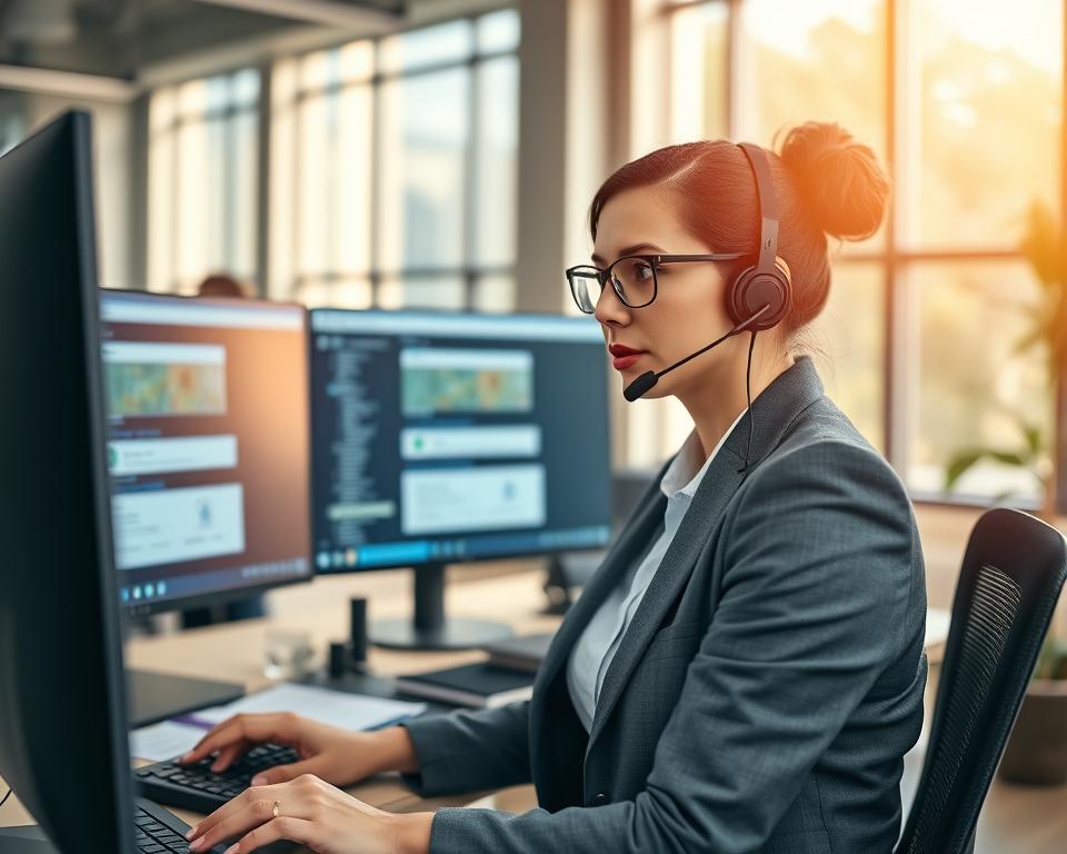 A professional customer support scene for technical assistance in a modern office setting. In the foreground, a focused customer service representative, a woman in smart business attire, wearing a headset, is engaging with a client via a computer, displaying empathy and expertise. In the middle ground, show a neatly arranged desk with multiple monitors displaying IPTV service interfaces, support chat windows, and documentation. The background includes a large window with natural light pouring in, creating a bright and inviting atmosphere. Use soft, warm lighting to enhance a supportive and professional mood, and capture the scene from a slightly elevated angle to convey depth, emphasizing the collaborative environment of customer support. A professional customer support scene for technical assistance in a modern office setting. In the foreground, a focused customer service representative, a woman in smart business attire, wearing a headset, is engaging with a client via a computer, displaying empathy and expertise. In the middle ground, show a neatly arranged desk with multiple monitors displaying IPTV service interfaces, support chat windows, and documentation. The background includes a large window with natural light pouring in, creating a bright and inviting atmosphere. Use soft, warm lighting to enhance a supportive and professional mood, and capture the scene from a slightly elevated angle to convey depth, emphasizing the collaborative environment of customer support.