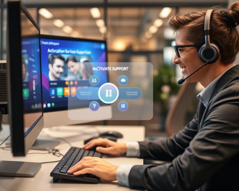 A professional customer support scene illustrating "Premium Client Activation Support." In the foreground, a friendly customer service representative, dressed in business attire, speaks on a headset while attentively typing on a computer keyboard. Their workspace is organized, with a high-resolution monitor displaying a vibrant IPTV application interface. In the middle ground, an infographic summarizing the activation process subtly glows on another screen. The background features a modern office setting, with soft, warm lighting that creates an inviting atmosphere and enhances the professionalism of the scene. The overall mood is supportive and efficient, reflecting prompt assistance and high-quality service. Use a shallow depth of field to focus on the representative, capturing their dedication to client satisfaction. A professional customer support scene illustrating "Premium Client Activation Support." In the foreground, a friendly customer service representative, dressed in business attire, speaks on a headset while attentively typing on a computer keyboard. Their workspace is organized, with a high-resolution monitor displaying a vibrant IPTV application interface. In the middle ground, an infographic summarizing the activation process subtly glows on another screen. The background features a modern office setting, with soft, warm lighting that creates an inviting atmosphere and enhances the professionalism of the scene. The overall mood is supportive and efficient, reflecting prompt assistance and high-quality service. Use a shallow depth of field to focus on the representative, capturing their dedication to client satisfaction.