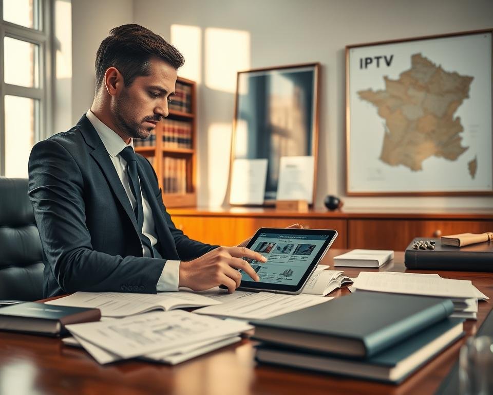 A professional lawyer's office interior featuring a wooden desk cluttered with legal documents related to IPTV regulations in France. In the foreground, a focused lawyer in a smart business suit examines a tablet displaying streaming data, showcasing IPTV service guidelines. The middle ground displays a bookshelf filled with law books and a framed map of France highlighting regions with notable IPTV laws. The background features a large window with soft afternoon light streaming in, casting gentle shadows across the room. An air of seriousness and professionalism permeates the atmosphere, indicative of legal discussions. The overall composition uses a balanced angle to create depth, emphasizing the importance of understanding the legal aspects of IPTV in France. A professional lawyer's office interior featuring a wooden desk cluttered with legal documents related to IPTV regulations in France. In the foreground, a focused lawyer in a smart business suit examines a tablet displaying streaming data, showcasing IPTV service guidelines. The middle ground displays a bookshelf filled with law books and a framed map of France highlighting regions with notable IPTV laws. The background features a large window with soft afternoon light streaming in, casting gentle shadows across the room. An air of seriousness and professionalism permeates the atmosphere, indicative of legal discussions. The overall composition uses a balanced angle to create depth, emphasizing the importance of understanding the legal aspects of IPTV in France.