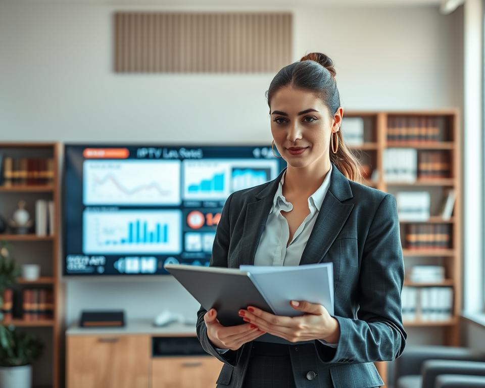 A professional-looking office environment showcasing the concept of IPTV security and legality. In the foreground, a confident businesswoman in a smart suit is reviewing documents on a tablet, symbolizing compliance and analytical thinking. In the middle ground, a large monitor displays graphs and charts related to IPTV regulations, conveying technical sophistication. The background includes bookshelves filled with legal texts and technology manuals, emphasizing reliability and knowledge. Soft, natural lighting from a large window creates a warm, inviting atmosphere, while a slight focus blur on the background adds depth to the scene. The overall mood conveys professionalism, trust, and a commitment to quality in the IPTV industry. A professional-looking office environment showcasing the concept of IPTV security and legality. In the foreground, a confident businesswoman in a smart suit is reviewing documents on a tablet, symbolizing compliance and analytical thinking. In the middle ground, a large monitor displays graphs and charts related to IPTV regulations, conveying technical sophistication. The background includes bookshelves filled with legal texts and technology manuals, emphasizing reliability and knowledge. Soft, natural lighting from a large window creates a warm, inviting atmosphere, while a slight focus blur on the background adds depth to the scene. The overall mood conveys professionalism, trust, and a commitment to quality in the IPTV industry.