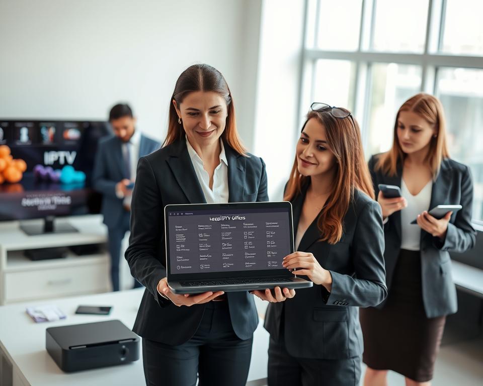 A professional office environment featuring three diverse business professionals discussing legal IPTV service providers in France. In the foreground, a woman in a smart business suit showcases a laptop displaying IPTV plans and offers. To the left, a man in business attire points at a chart on a tablet, while on the right, another woman takes notes on a notepad, all engaged in a focused conversation. The middle ground features various devices like a smart TV, tablet, and smartphone, emphasizing the modern digital landscape. The background includes a bright, well-lit office with large windows, giving a sense of professionalism and clarity. The mood is collaborative and informative, with natural lighting illuminating the scene, creating a sense of trust and reliability. A professional office environment featuring three diverse business professionals discussing legal IPTV service providers in France. In the foreground, a woman in a smart business suit showcases a laptop displaying IPTV plans and offers. To the left, a man in business attire points at a chart on a tablet, while on the right, another woman takes notes on a notepad, all engaged in a focused conversation. The middle ground features various devices like a smart TV, tablet, and smartphone, emphasizing the modern digital landscape. The background includes a bright, well-lit office with large windows, giving a sense of professionalism and clarity. The mood is collaborative and informative, with natural lighting illuminating the scene, creating a sense of trust and reliability.