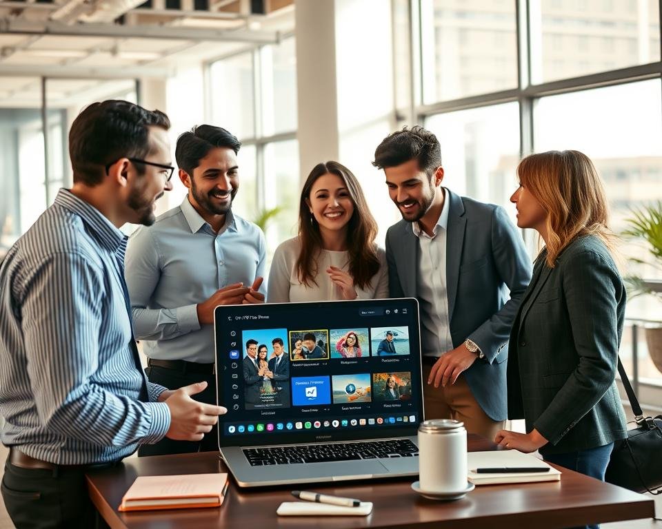 A professional setting depicting a group of diverse individuals engaged in a discussion about their experiences using a high-quality streaming application. In the foreground, show three people (two men and one woman) in business casual attire, animatedly sharing their thoughts, with expressions of satisfaction and engagement. In the middle ground, have a sleek laptop displaying the IPTV Pro interface, surrounded by casual accessories like coffee cups and notebooks, suggesting a collaborative atmosphere. The background features a modern office space with large windows allowing natural light to pour in, casting soft shadows, enhancing a warm and inviting mood. Use a slight high-angle perspective to capture their interactions comprehensively, focusing on their body language and the screen in a bright, well-lit environment. A professional setting depicting a group of diverse individuals engaged in a discussion about their experiences using a high-quality streaming application. In the foreground, show three people (two men and one woman) in business casual attire, animatedly sharing their thoughts, with expressions of satisfaction and engagement. In the middle ground, have a sleek laptop displaying the IPTV Pro interface, surrounded by casual accessories like coffee cups and notebooks, suggesting a collaborative atmosphere. The background features a modern office space with large windows allowing natural light to pour in, casting soft shadows, enhancing a warm and inviting mood. Use a slight high-angle perspective to capture their interactions comprehensively, focusing on their body language and the screen in a bright, well-lit environment.