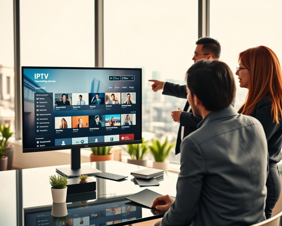 A professional setting featuring a modern office space, focusing on a sleek computer monitor displaying the concept of IPTV streaming services, with a dynamic interface showcasing legal content listings. In the foreground, a diverse team of three professionals in smart business attire are engaged in a discussion, pointing at the screen, reflecting curiosity and concern about legality. The middle ground includes contemporary office elements like a glass meeting table and potted plants, while the background shows a large window with a cityscape view under a bright, natural light. The atmosphere is serious yet collaborative, emphasizing the importance of legal aspects in technology. Shot from a slightly elevated angle to capture the team's dynamics and the digital content on the monitor effectively. A professional setting featuring a modern office space, focusing on a sleek computer monitor displaying the concept of IPTV streaming services, with a dynamic interface showcasing legal content listings. In the foreground, a diverse team of three professionals in smart business attire are engaged in a discussion, pointing at the screen, reflecting curiosity and concern about legality. The middle ground includes contemporary office elements like a glass meeting table and potted plants, while the background shows a large window with a cityscape view under a bright, natural light. The atmosphere is serious yet collaborative, emphasizing the importance of legal aspects in technology. Shot from a slightly elevated angle to capture the team's dynamics and the digital content on the monitor effectively.