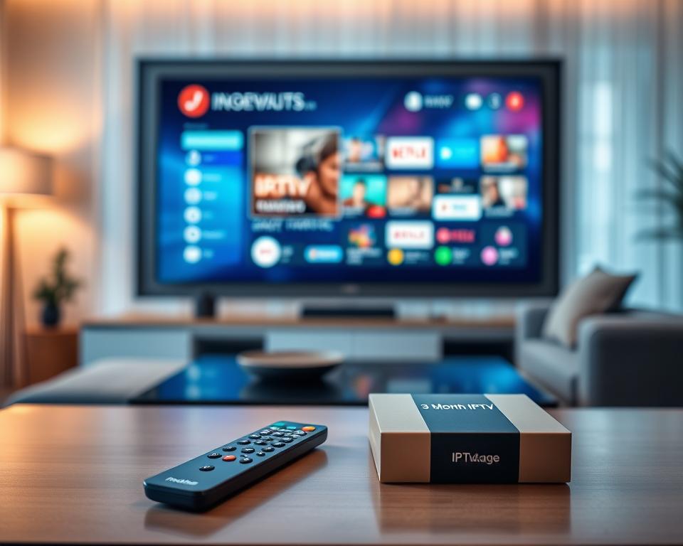 A professional setting featuring a sleek, modern living room with a large flat-screen TV displaying a vibrant IPTV interface. In the foreground, a stylish coffee table holds a remote control and a small, elegant subscription box labeled "3 Month IPTV Package." The middle ground showcases a cozy sofa, adorned with plush cushions, inviting relaxation. The background reveals a soft, ambient light filtering through sheer curtains, creating a warm and inviting atmosphere. A subtle focal blur draws attention to the TV screen, emphasizing high-definition streaming quality. The composition captures a sense of luxury and comfort, highlighting the appeal of a three-month IPTV subscription for enjoying cutting-edge 4K content at home. A professional setting featuring a sleek, modern living room with a large flat-screen TV displaying a vibrant IPTV interface. In the foreground, a stylish coffee table holds a remote control and a small, elegant subscription box labeled "3 Month IPTV Package." The middle ground showcases a cozy sofa, adorned with plush cushions, inviting relaxation. The background reveals a soft, ambient light filtering through sheer curtains, creating a warm and inviting atmosphere. A subtle focal blur draws attention to the TV screen, emphasizing high-definition streaming quality. The composition captures a sense of luxury and comfort, highlighting the appeal of a three-month IPTV subscription for enjoying cutting-edge 4K content at home.