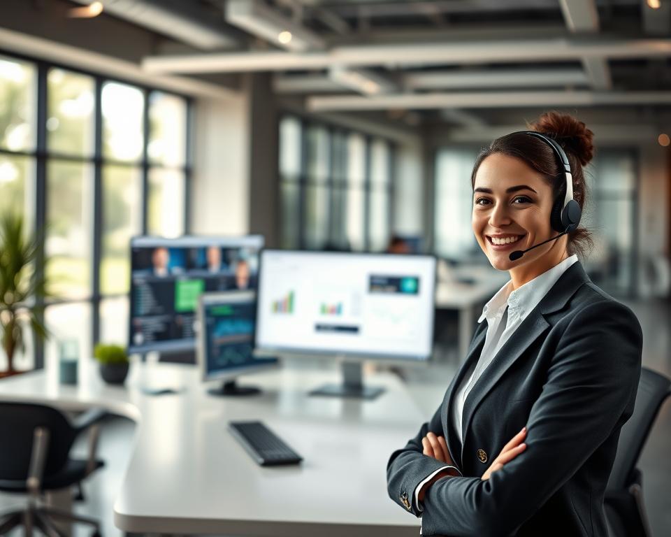 A professional support client premium scene set in a modern office environment. In the foreground, a friendly customer service representative, dressed in business attire with a headset, exudes professionalism and approachability. In the middle ground, a sleek white desk with a high-end computer displaying IPTV-related software interfaces. Two large monitors show network analytics and customer service platforms. The background features a blurred view of a contemporary office, with soft lighting emphasizing a calm and focused atmosphere. Natural light streams through large windows, creating a welcoming vibe. The overall mood conveys efficiency and a commitment to high-quality technical support, reflecting a premium service experience. A professional support client premium scene set in a modern office environment. In the foreground, a friendly customer service representative, dressed in business attire with a headset, exudes professionalism and approachability. In the middle ground, a sleek white desk with a high-end computer displaying IPTV-related software interfaces. Two large monitors show network analytics and customer service platforms. The background features a blurred view of a contemporary office, with soft lighting emphasizing a calm and focused atmosphere. Natural light streams through large windows, creating a welcoming vibe. The overall mood conveys efficiency and a commitment to high-quality technical support, reflecting a premium service experience.