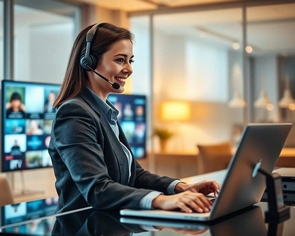 A professional support client representing an IPTV service, sitting at a modern desk with a laptop open, focused on providing assistance. The foreground features a friendly customer service representative wearing business attire, engaged in a conversation via a headset. In the middle ground, a digital display shows various IPTV channel options. The background is softly blurred, depicting a contemporary office setting with soft lighting, accentuating a warm, inviting atmosphere. The scene is captured from a slight angle to create depth, using soft focus on the background and clear detail on the representative. The mood is supportive and efficient, conveying trust and professionalism in customer service. A professional support client representing an IPTV service, sitting at a modern desk with a laptop open, focused on providing assistance. The foreground features a friendly customer service representative wearing business attire, engaged in a conversation via a headset. In the middle ground, a digital display shows various IPTV channel options. The background is softly blurred, depicting a contemporary office setting with soft lighting, accentuating a warm, inviting atmosphere. The scene is captured from a slight angle to create depth, using soft focus on the background and clear detail on the representative. The mood is supportive and efficient, conveying trust and professionalism in customer service.
