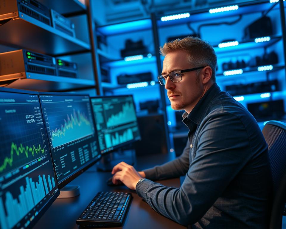 A professional technician sitting at a modern workstation, focused on analyzing IPTV streaming data displayed on multiple high-resolution monitors. The foreground features intricate graphs and charts illustrating bandwidth usage and streaming quality metrics. In the middle ground, the technician, dressed in smart casual attire, is engaged in adjusting settings, with soft blue lighting reflecting on their focused expression. The background includes shelves filled with networking equipment and a soft glow from LED lights, creating a tech-savvy atmosphere. The overall mood is one of concentration and innovation, showcasing the essentials of technical aspects related to streaming IPTV. The scene is captured with a slight wide-angle lens, enhancing the sense of a busy, efficient workspace. A professional technician sitting at a modern workstation, focused on analyzing IPTV streaming data displayed on multiple high-resolution monitors. The foreground features intricate graphs and charts illustrating bandwidth usage and streaming quality metrics. In the middle ground, the technician, dressed in smart casual attire, is engaged in adjusting settings, with soft blue lighting reflecting on their focused expression. The background includes shelves filled with networking equipment and a soft glow from LED lights, creating a tech-savvy atmosphere. The overall mood is one of concentration and innovation, showcasing the essentials of technical aspects related to streaming IPTV. The scene is captured with a slight wide-angle lens, enhancing the sense of a busy, efficient workspace.
