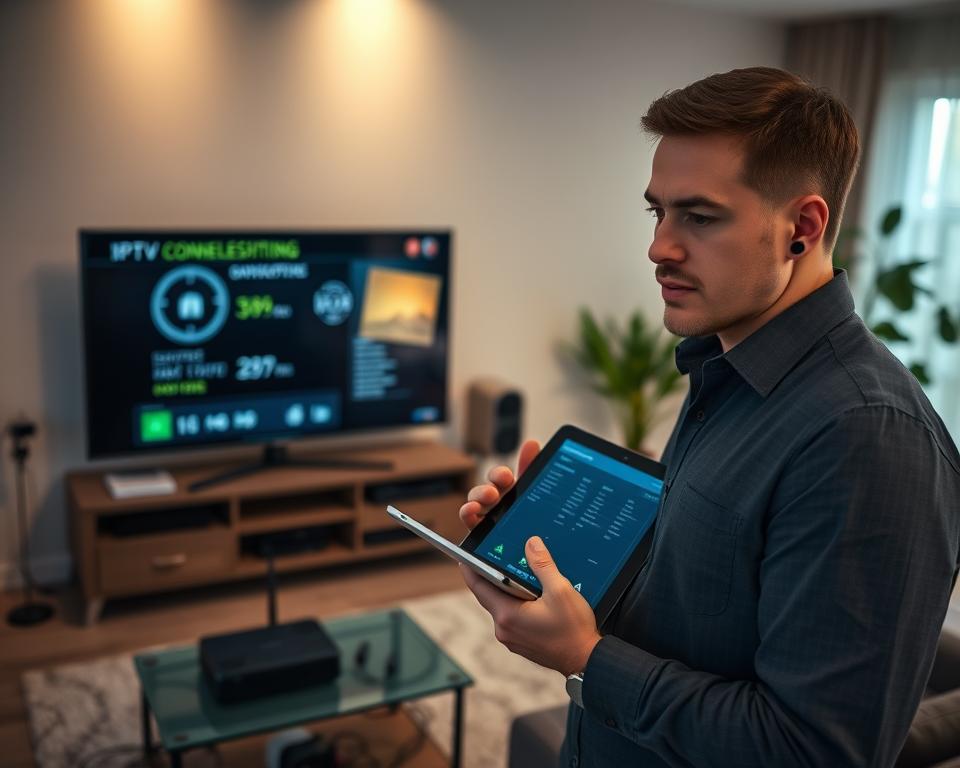 A professional technician troubleshooting IPTV issues in a modern home setting. In the foreground, a focused individual in smart casual attire, holding a tablet displaying a troubleshooting interface, with a thoughtful expression. In the middle ground, a sleek entertainment setup featuring a large screen showing connection diagnostics, surrounded by various cables and a router. The background showcases a cozy living room with soft ambient lighting, casting a warm glow. A large window lets in natural light, creating a sense of daytime activity. The overall mood is one of problem-solving and professionalism, emphasizing the practical solutions related to IPTV issues. A professional technician troubleshooting IPTV issues in a modern home setting. In the foreground, a focused individual in smart casual attire, holding a tablet displaying a troubleshooting interface, with a thoughtful expression. In the middle ground, a sleek entertainment setup featuring a large screen showing connection diagnostics, surrounded by various cables and a router. The background showcases a cozy living room with soft ambient lighting, casting a warm glow. A large window lets in natural light, creating a sense of daytime activity. The overall mood is one of problem-solving and professionalism, emphasizing the practical solutions related to IPTV issues.