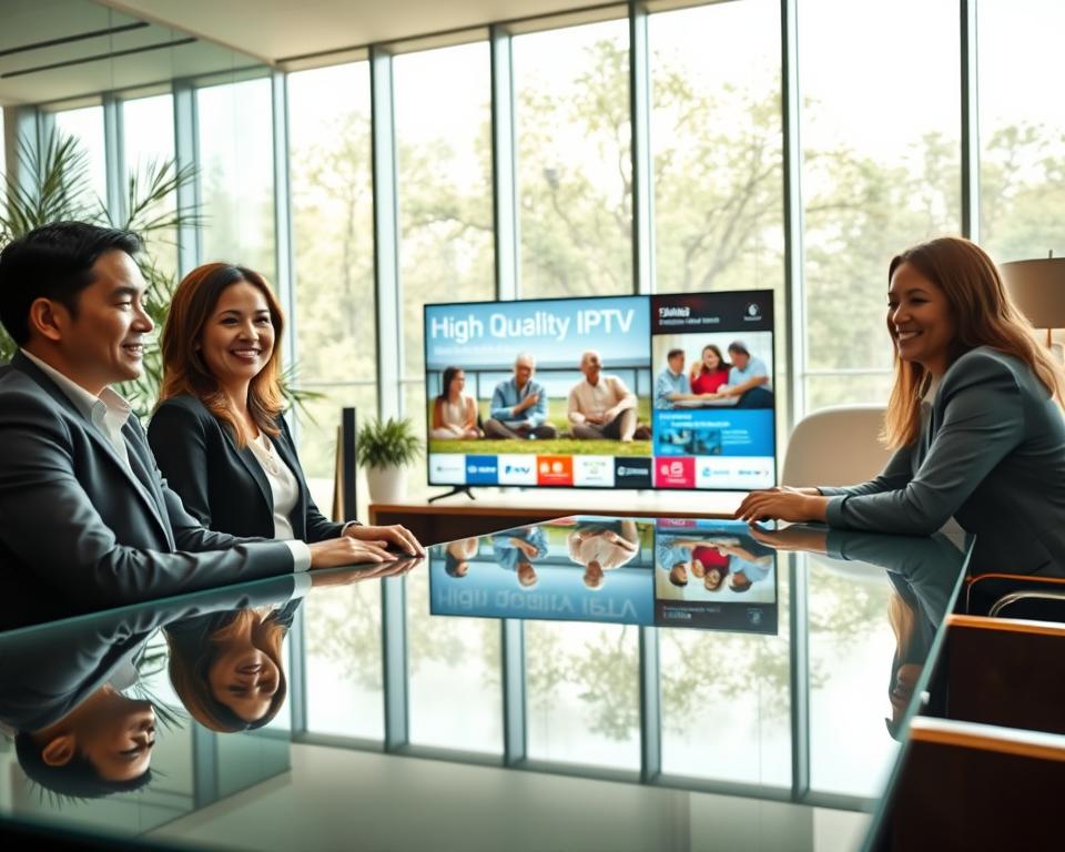 A professional, welcoming office environment showcasing client satisfaction. In the foreground, a diverse group of three smiling individuals in business attire discussing happily around a sleek glass table, embodying trust and satisfaction. In the middle ground, a modern display showcasing images of high-quality IPTV services and happy families watching TV together, illustrating a sense of enjoyment. The background is filled with bright, natural light streaming through large windows, emphasizing a positive atmosphere. Soft focus on elements like a plant and a stylish lamp to add warmth to the scene. The overall mood is assuring and encouraging, reflecting a commitment to quality service and risk-free guarantees, captured from a slight angle to give depth to the composition. A professional, welcoming office environment showcasing client satisfaction. In the foreground, a diverse group of three smiling individuals in business attire discussing happily around a sleek glass table, embodying trust and satisfaction. In the middle ground, a modern display showcasing images of high-quality IPTV services and happy families watching TV together, illustrating a sense of enjoyment. The background is filled with bright, natural light streaming through large windows, emphasizing a positive atmosphere. Soft focus on elements like a plant and a stylish lamp to add warmth to the scene. The overall mood is assuring and encouraging, reflecting a commitment to quality service and risk-free guarantees, captured from a slight angle to give depth to the composition.