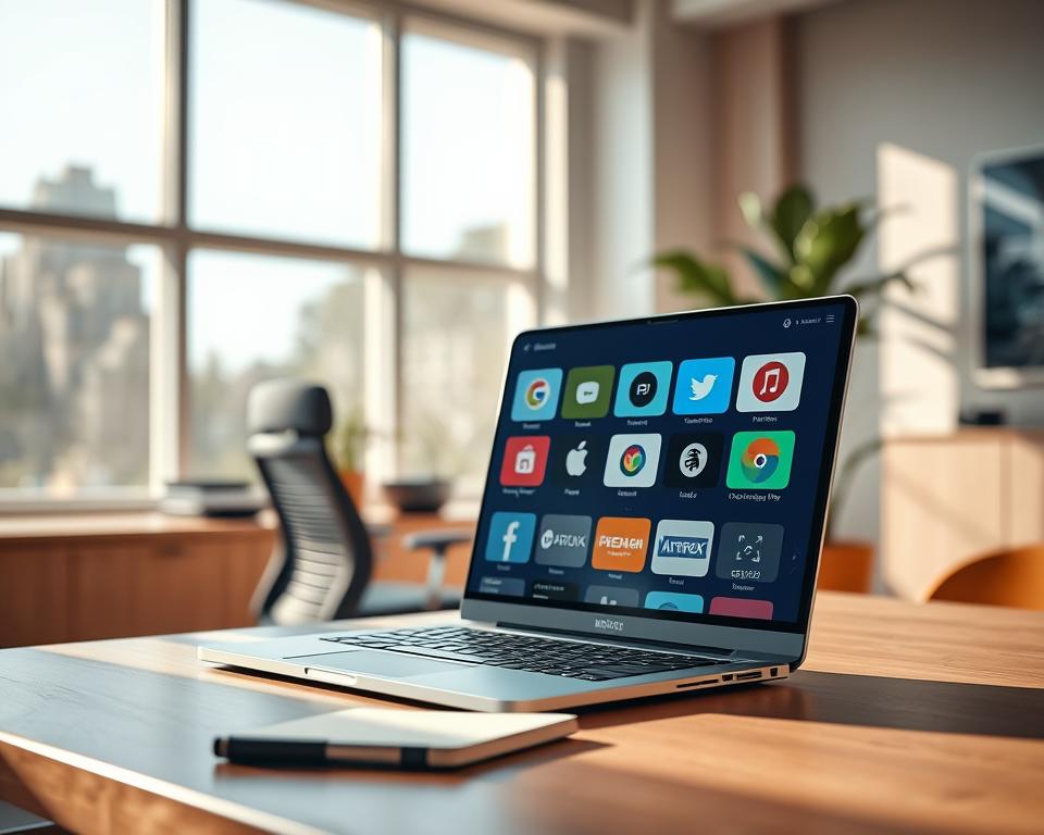 A professional workspace featuring a sleek laptop displaying multiple streaming application icons, symbolizing alternatives to IPTV Smarters Pro. In the foreground, there is a modern desk with a stylish ergonomic chair and a notepad, emphasizing productivity. The middle ground showcases a vibrant screen with colorful streaming app logos, reflecting diversity and choice in content. In the background, large windows allow natural light to flood the room, creating a bright and inviting atmosphere. Soft shadows enhance the sleek design aesthetic, while a potted plant adds a touch of freshness. The overall mood is inspiring and focused, ideal for exploring digital alternatives in streaming services. The angle captures the essence of modern technology and connectivity, with a warm, professional ambiance. A professional workspace featuring a sleek laptop displaying multiple streaming application icons, symbolizing alternatives to IPTV Smarters Pro. In the foreground, there is a modern desk with a stylish ergonomic chair and a notepad, emphasizing productivity. The middle ground showcases a vibrant screen with colorful streaming app logos, reflecting diversity and choice in content. In the background, large windows allow natural light to flood the room, creating a bright and inviting atmosphere. Soft shadows enhance the sleek design aesthetic, while a potted plant adds a touch of freshness. The overall mood is inspiring and focused, ideal for exploring digital alternatives in streaming services. The angle captures the essence of modern technology and connectivity, with a warm, professional ambiance.