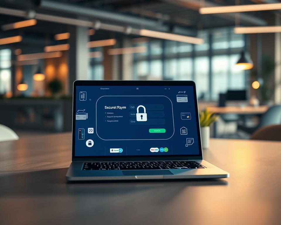 A serene, modern online payment scene focused on secure digital transactions. In the foreground, a stylish laptop displaying a secure payment interface with a lock symbol highlighted. Surrounding the laptop, an array of payment options like credit cards, digital wallets, and smartphone icons, all depicted with professionalism. The middle ground features a sleek, well-organized workspace with soft shadows and warm lighting that conveys a sense of security and trust. In the background, a blurred view of a contemporary office space, suggesting a technological environment. The overall mood is calm and reassuring, emphasizing security and flexibility in online payments. The image should have a soft focus to create an inviting atmosphere without any textual elements. A serene, modern online payment scene focused on secure digital transactions. In the foreground, a stylish laptop displaying a secure payment interface with a lock symbol highlighted. Surrounding the laptop, an array of payment options like credit cards, digital wallets, and smartphone icons, all depicted with professionalism. The middle ground features a sleek, well-organized workspace with soft shadows and warm lighting that conveys a sense of security and trust. In the background, a blurred view of a contemporary office space, suggesting a technological environment. The overall mood is calm and reassuring, emphasizing security and flexibility in online payments. The image should have a soft focus to create an inviting atmosphere without any textual elements.