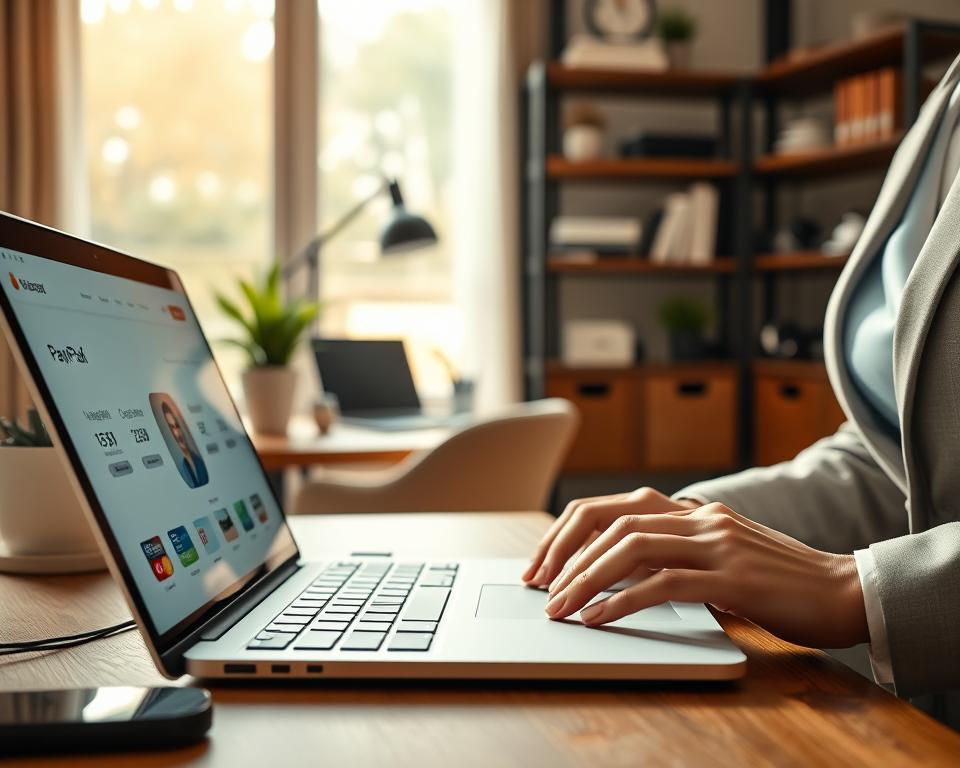 A serene online shopping scene depicting secure payment methods. In the foreground, a modern laptop with an intuitive e-commerce interface showcasing various payment options like credit cards, PayPal, and digital wallets. Beside the laptop, a pair of hands in professional business attire are poised over the keyboard, suggesting action. In the middle ground, a cozy home office setting with a stylish desk and potted plant creates a relaxed atmosphere. Soft, natural lighting filters through a window, casting gentle shadows and enhancing the inviting mood. The background is subtly blurred, featuring shelves with books and tech gadgets, emphasizing the focus on secure online transactions. The image conveys trust and safety in digital payments. A serene online shopping scene depicting secure payment methods. In the foreground, a modern laptop with an intuitive e-commerce interface showcasing various payment options like credit cards, PayPal, and digital wallets. Beside the laptop, a pair of hands in professional business attire are poised over the keyboard, suggesting action. In the middle ground, a cozy home office setting with a stylish desk and potted plant creates a relaxed atmosphere. Soft, natural lighting filters through a window, casting gentle shadows and enhancing the inviting mood. The background is subtly blurred, featuring shelves with books and tech gadgets, emphasizing the focus on secure online transactions. The image conveys trust and safety in digital payments.