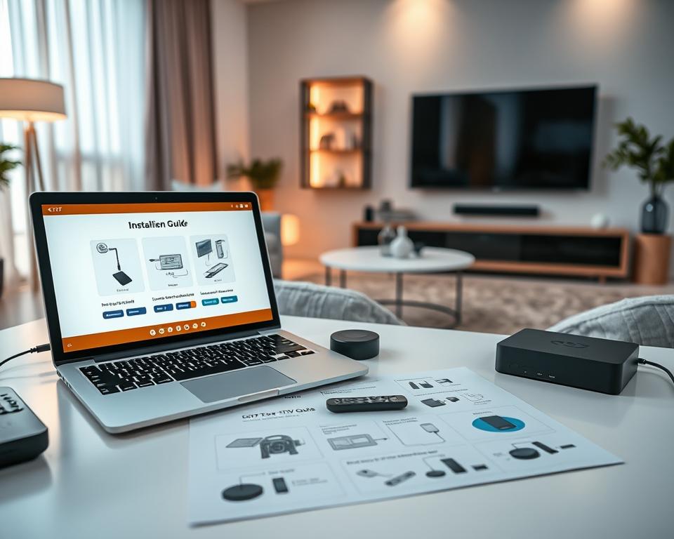 A simplified installation guide for IPTV, featuring a visually engaging layout. In the foreground, a neatly arranged workspace with a modern laptop displaying a clear installation interface, surrounded by various high-tech devices like a smart TV, a streaming box, and remote controls. The middle ground includes step-by-step illustrated instructions on colorful paper, showcasing key components like cables and connectors. The background features a cozy living room setting with a contemporary sofa and a large TV mounted on a wall, lit by soft, ambient lighting to create a warm, inviting atmosphere. The image should convey clarity and ease of use, with a professional and informative vibe. Use a wide-angle lens to capture the entire scene effectively. A simplified installation guide for IPTV, featuring a visually engaging layout. In the foreground, a neatly arranged workspace with a modern laptop displaying a clear installation interface, surrounded by various high-tech devices like a smart TV, a streaming box, and remote controls. The middle ground includes step-by-step illustrated instructions on colorful paper, showcasing key components like cables and connectors. The background features a cozy living room setting with a contemporary sofa and a large TV mounted on a wall, lit by soft, ambient lighting to create a warm, inviting atmosphere. The image should convey clarity and ease of use, with a professional and informative vibe. Use a wide-angle lens to capture the entire scene effectively.