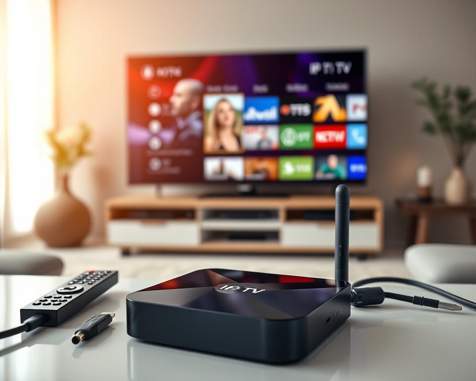A sleek Android TV box sits prominently in the foreground, showcasing its compact design and modern aesthetic with a glossy black finish. Surrounding the device are a few connected accessories, such as a remote control and HDMI cables, all neatly arranged to emphasize usability. In the middle ground, a high-resolution monitor displays a vibrant IPTV interface, demonstrating various streaming options. Soft, ambient lighting creates a cozy home entertainment atmosphere, highlighting the details of the setup. The background includes a stylish living room with a comfortable sofa and subtle decor elements, enhancing the scene's homely feel. Shot from a slightly elevated angle, the image captures the essence of modern home media configuration, inviting and informative without any text or distractions. A sleek Android TV box sits prominently in the foreground, showcasing its compact design and modern aesthetic with a glossy black finish. Surrounding the device are a few connected accessories, such as a remote control and HDMI cables, all neatly arranged to emphasize usability. In the middle ground, a high-resolution monitor displays a vibrant IPTV interface, demonstrating various streaming options. Soft, ambient lighting creates a cozy home entertainment atmosphere, highlighting the details of the setup. The background includes a stylish living room with a comfortable sofa and subtle decor elements, enhancing the scene's homely feel. Shot from a slightly elevated angle, the image captures the essence of modern home media configuration, inviting and informative without any text or distractions.