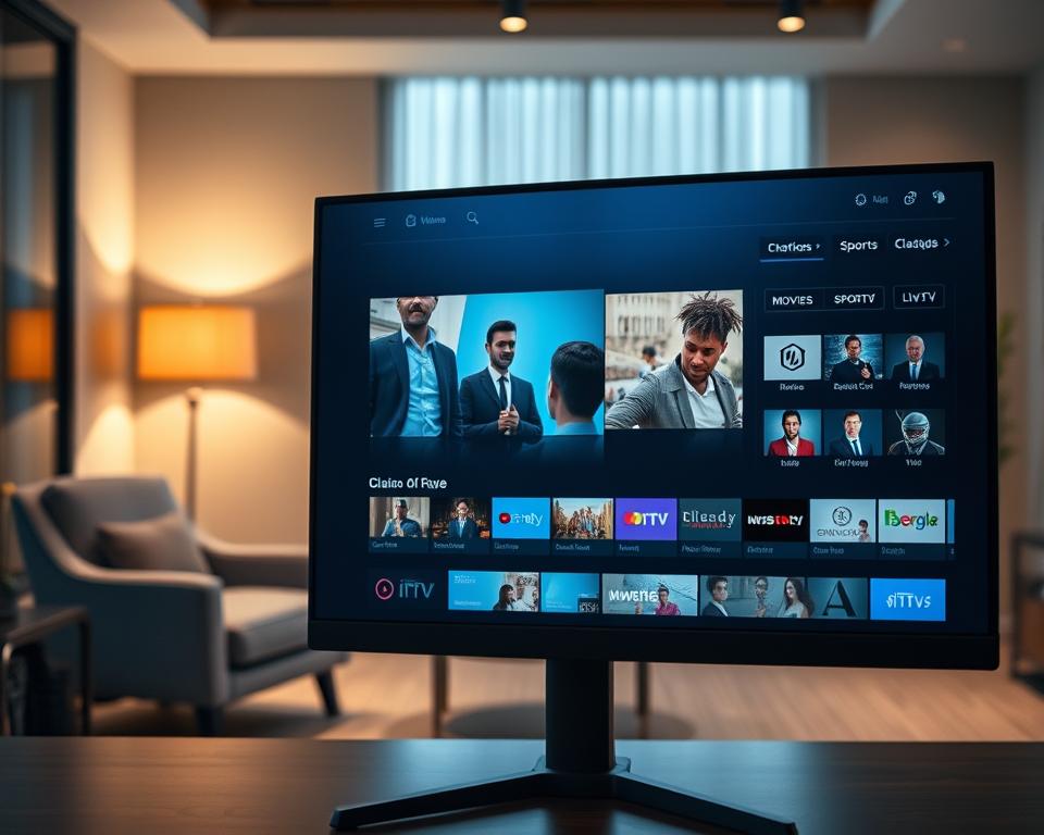 A sleek and modern IPTV Streaming Pro interface displayed on a high-resolution computer screen. The foreground features user-centric elements like vibrant channel icons, a vivid video playback window showcasing a popular show, and an easy-to-navigate menu bar with various categories such as Movies, Sports, and Live TV. In the middle ground, a subtle reflection of a stylish office environment can be seen, with a plush armchair and a coffee table in muted tones, suggesting comfort and relaxation. The background consists of soft ambient lighting that creates a warm and inviting atmosphere. The overall mood is professional yet inviting, emphasizing the ease and appeal of using the IPTV Streaming Pro service, captured from a slightly elevated angle to showcase the interface in detail. A sleek and modern IPTV Streaming Pro interface displayed on a high-resolution computer screen. The foreground features user-centric elements like vibrant channel icons, a vivid video playback window showcasing a popular show, and an easy-to-navigate menu bar with various categories such as Movies, Sports, and Live TV. In the middle ground, a subtle reflection of a stylish office environment can be seen, with a plush armchair and a coffee table in muted tones, suggesting comfort and relaxation. The background consists of soft ambient lighting that creates a warm and inviting atmosphere. The overall mood is professional yet inviting, emphasizing the ease and appeal of using the IPTV Streaming Pro service, captured from a slightly elevated angle to showcase the interface in detail.