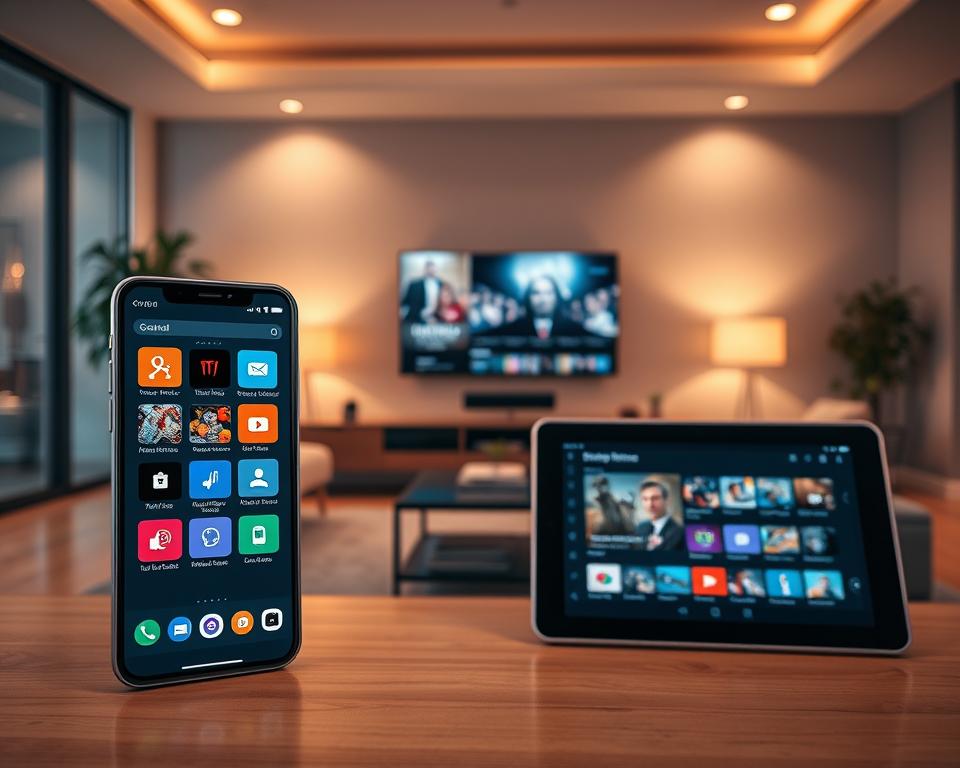 A sleek and modern digital interface showcasing IPTV Smarters Pro. In the foreground, display a user-friendly smartphone and tablet with vibrant screens illustrating the app’s intuitive layout and features. The middle ground features a stylish modern living room, complete with a flat-screen TV seamlessly streaming content from the app. In the background, soft ambient lighting enhances the inviting atmosphere, creating a cozy and sophisticated viewing environment. Use a wide-angle lens perspective to capture the entire setting, with warm, inviting colors to evoke a sense of comfort and enjoyment. The mood should be professional yet relaxed, emphasizing the convenience and advantages of choosing IPTV Smarters Pro for an ideal TV solution. A sleek and modern digital interface showcasing IPTV Smarters Pro. In the foreground, display a user-friendly smartphone and tablet with vibrant screens illustrating the app’s intuitive layout and features. The middle ground features a stylish modern living room, complete with a flat-screen TV seamlessly streaming content from the app. In the background, soft ambient lighting enhances the inviting atmosphere, creating a cozy and sophisticated viewing environment. Use a wide-angle lens perspective to capture the entire setting, with warm, inviting colors to evoke a sense of comfort and enjoyment. The mood should be professional yet relaxed, emphasizing the convenience and advantages of choosing IPTV Smarters Pro for an ideal TV solution.