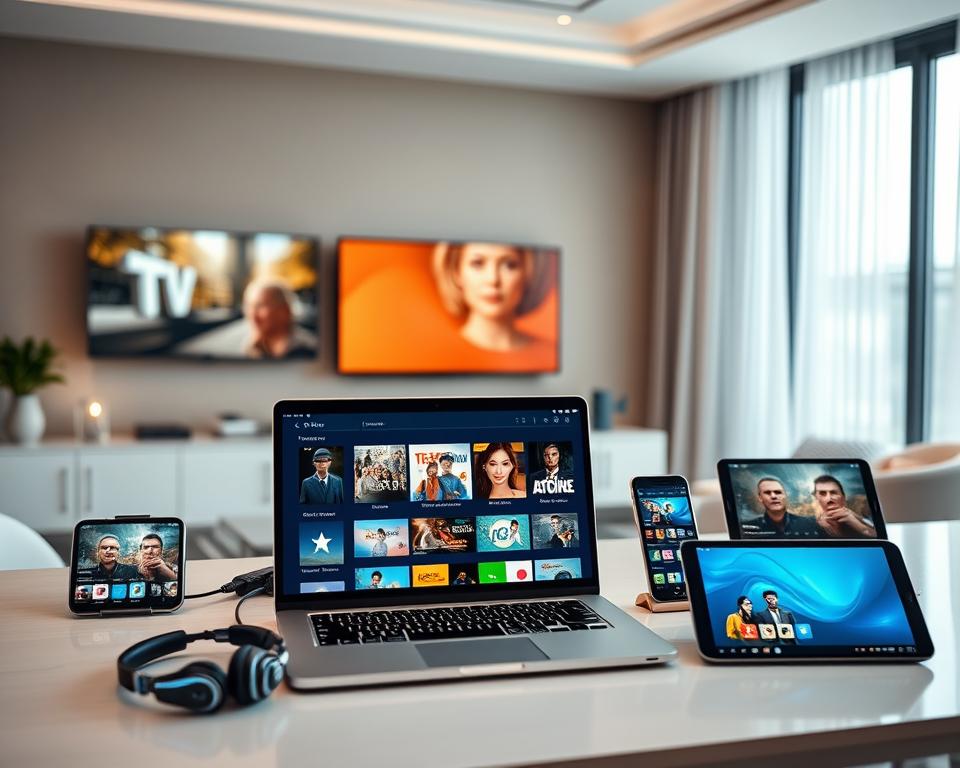 A sleek and modern digital workspace showcasing a variety of IPTV alternative applications on multiple screens. In the foreground, a high-resolution laptop displays a vibrant IPTV application interface with colorful thumbnails of TV shows and movies. Surrounding the laptop are smartphones and tablets, each showcasing different IPTV alternatives, highlighting their unique features. The middle ground features a well-organized desk with a few tech accessories like headphones and a remote control. In the background, a softly lit room with contemporary decor and a large window allows natural light to illuminate the scene, creating a warm and inviting atmosphere. The overall mood is professional and innovative, suggesting a new era of digital entertainment solutions. A sleek and modern digital workspace showcasing a variety of IPTV alternative applications on multiple screens. In the foreground, a high-resolution laptop displays a vibrant IPTV application interface with colorful thumbnails of TV shows and movies. Surrounding the laptop are smartphones and tablets, each showcasing different IPTV alternatives, highlighting their unique features. The middle ground features a well-organized desk with a few tech accessories like headphones and a remote control. In the background, a softly lit room with contemporary decor and a large window allows natural light to illuminate the scene, creating a warm and inviting atmosphere. The overall mood is professional and innovative, suggesting a new era of digital entertainment solutions.