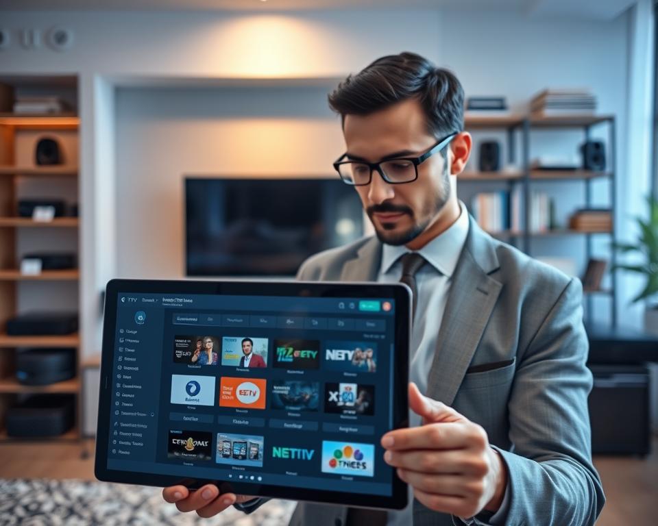 A sleek and modern digital workspace showcasing the advanced features of the IPTV Smarters application. In the foreground, display a high-resolution tablet with the IPTV Smarters interface, highlighting customizable channel lists and user-friendly navigation. In the middle ground, include a professional-looking individual dressed in smart business attire, intently analyzing the app’s features with a look of focus. The background features a softly lit modern home office with gadgets like a high-end TV, streaming devices, and a stylish bookshelf, creating an atmosphere of sophistication and technology. Use soft, ambient lighting to portray a productive and inviting mood, shot from a slight upward angle to emphasize the tablet and the user’s engagement. A sleek and modern digital workspace showcasing the advanced features of the IPTV Smarters application. In the foreground, display a high-resolution tablet with the IPTV Smarters interface, highlighting customizable channel lists and user-friendly navigation. In the middle ground, include a professional-looking individual dressed in smart business attire, intently analyzing the app’s features with a look of focus. The background features a softly lit modern home office with gadgets like a high-end TV, streaming devices, and a stylish bookshelf, creating an atmosphere of sophistication and technology. Use soft, ambient lighting to portray a productive and inviting mood, shot from a slight upward angle to emphasize the tablet and the user’s engagement.
