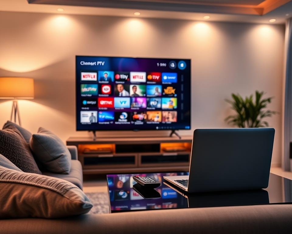A sleek and modern home entertainment setup showcasing the advantages of IPTV Smarters Pro. In the foreground, a high-definition smart TV displays an enticing IPTV interface, featuring vibrant thumbnails of various channels and shows. A comfortable couch is adorned with plush cushions, inviting viewers to relax. In the middle ground, a stylish coffee table holds a remote control and an open laptop, symbolizing seamless connectivity. The background features a cozy living room with ambient lighting, highlighting the contemporary decor and a subtle plant for a touch of nature. The scene radiates a welcoming, tech-savvy atmosphere, emphasizing entertainment and convenience. The overall mood is warm and inviting, suggesting a perfect setting for enjoying IPTV content. A sleek and modern home entertainment setup showcasing the advantages of IPTV Smarters Pro. In the foreground, a high-definition smart TV displays an enticing IPTV interface, featuring vibrant thumbnails of various channels and shows. A comfortable couch is adorned with plush cushions, inviting viewers to relax. In the middle ground, a stylish coffee table holds a remote control and an open laptop, symbolizing seamless connectivity. The background features a cozy living room with ambient lighting, highlighting the contemporary decor and a subtle plant for a touch of nature. The scene radiates a welcoming, tech-savvy atmosphere, emphasizing entertainment and convenience. The overall mood is warm and inviting, suggesting a perfect setting for enjoying IPTV content.