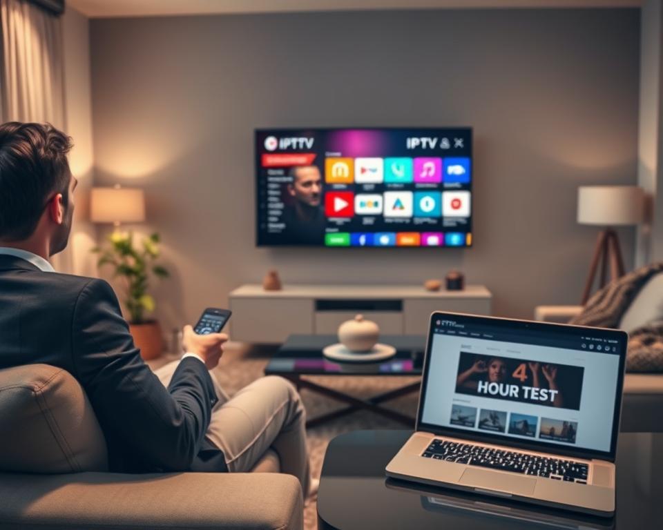 A sleek and modern living room scene showcasing a high-definition television displaying an IPTV interface with vibrant colors and interactive elements. In the foreground, a person dressed in smart casual attire sits comfortably on a stylish sofa, holding a remote control. They are focused on the screen, which shows various IPTV channels and options, representing the 24-hour test available. The middle area features a coffee table with a laptop open to an IPTV review website, suggesting research and exploration. The background consists of contemporary decor with soft lighting, creating a cozy and inviting atmosphere. The overall mood conveys excitement and ease of access to entertainment through IPTV services. A sleek and modern living room scene showcasing a high-definition television displaying an IPTV interface with vibrant colors and interactive elements. In the foreground, a person dressed in smart casual attire sits comfortably on a stylish sofa, holding a remote control. They are focused on the screen, which shows various IPTV channels and options, representing the 24-hour test available. The middle area features a coffee table with a laptop open to an IPTV review website, suggesting research and exploration. The background consists of contemporary decor with soft lighting, creating a cozy and inviting atmosphere. The overall mood conveys excitement and ease of access to entertainment through IPTV services.