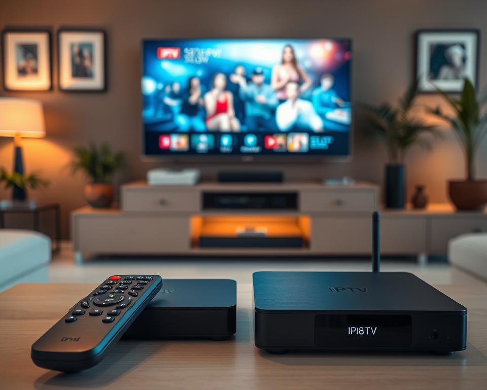 A sleek and modern living room setting prominently features two high-tech IPTV media players on a stylish entertainment center. In the foreground, a close-up view of a remote control is placed beside the players, providing a sense of user accessibility. The middle ground showcases a large flat-screen TV displaying vibrant streaming content, with an emphasis on clarity and detail. Soft, warm lighting creates a cozy atmosphere, emphasizing the inviting nature of the space. The background includes tasteful decor, such as framed artwork and potted plants, contributing to an overall feeling of comfort. The angle is slightly from above, giving a comprehensive view of this contemporary IPTV setup, capturing its appeal to potential users looking for recommended IPTV players. A sleek and modern living room setting prominently features two high-tech IPTV media players on a stylish entertainment center. In the foreground, a close-up view of a remote control is placed beside the players, providing a sense of user accessibility. The middle ground showcases a large flat-screen TV displaying vibrant streaming content, with an emphasis on clarity and detail. Soft, warm lighting creates a cozy atmosphere, emphasizing the inviting nature of the space. The background includes tasteful decor, such as framed artwork and potted plants, contributing to an overall feeling of comfort. The angle is slightly from above, giving a comprehensive view of this contemporary IPTV setup, capturing its appeal to potential users looking for recommended IPTV players.