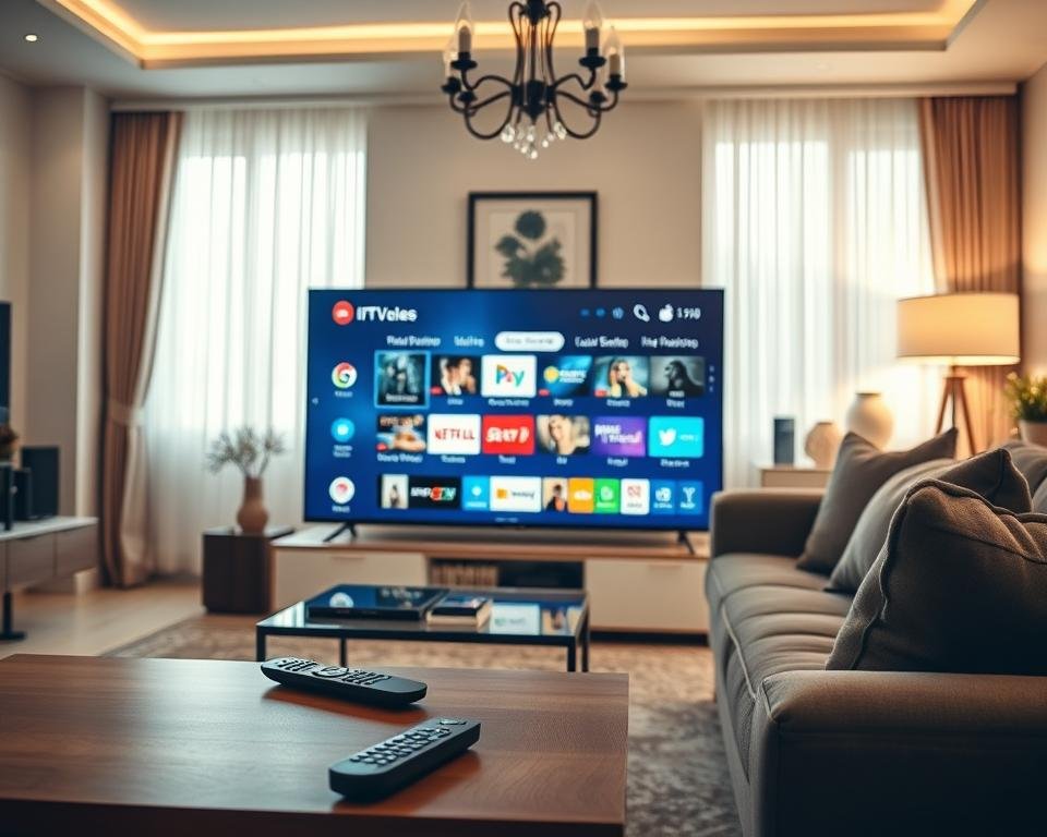A sleek and modern living room setup showcasing a Smart TV prominently displaying the IPTV Smarters Pro interface with an array of advanced streaming features. In the foreground, a stylish coffee table with a remote control and a tablet lies beside a cozy sofa. The middle ground highlights the Smart TV with vivid colors and interactive elements showcasing categories like Movies, Sports, and Live TV. The background features a softly lit room with elegant decor, and a large window letting in natural light. The atmosphere is warm and inviting, hinting at a high-tech lifestyle. The scene is professionally lit, using soft lighting for a cozy feel, shot from a slight angle to emphasize depth and perspective. A sleek and modern living room setup showcasing a Smart TV prominently displaying the IPTV Smarters Pro interface with an array of advanced streaming features. In the foreground, a stylish coffee table with a remote control and a tablet lies beside a cozy sofa. The middle ground highlights the Smart TV with vivid colors and interactive elements showcasing categories like Movies, Sports, and Live TV. The background features a softly lit room with elegant decor, and a large window letting in natural light. The atmosphere is warm and inviting, hinting at a high-tech lifestyle. The scene is professionally lit, using soft lighting for a cozy feel, shot from a slight angle to emphasize depth and perspective.