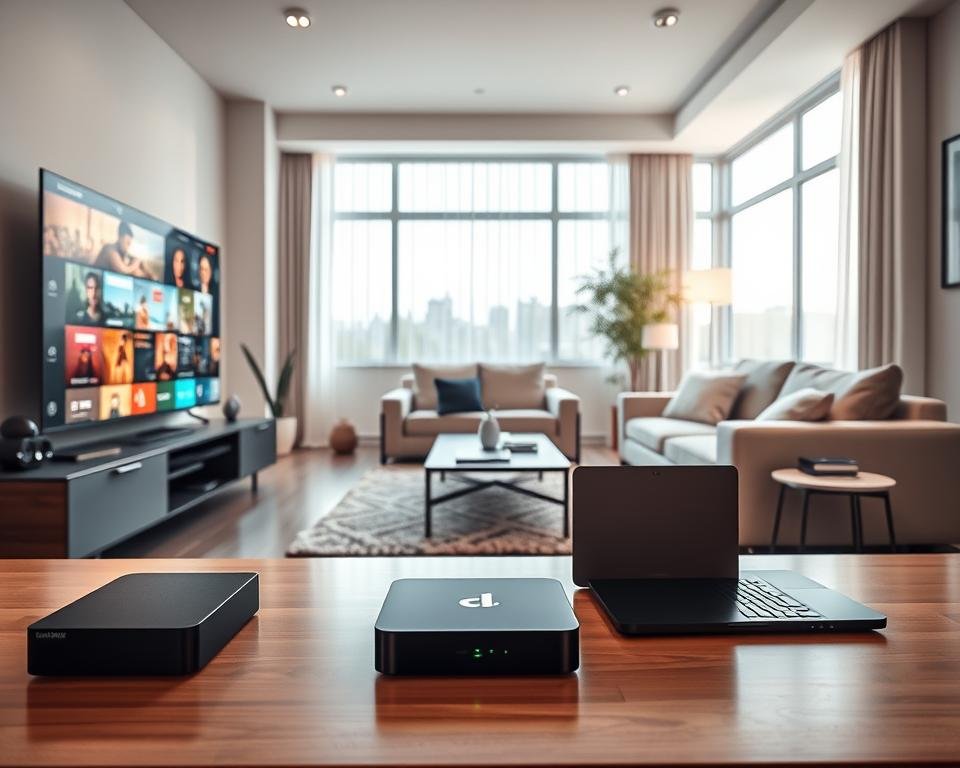 A sleek and modern living room setup showcasing a variety of streaming devices compatible with IPTV Smarter Pro. In the foreground, a stylish smart TV displays vibrant streaming content. Beside it, a compact streaming box and a laptop are positioned on a contemporary coffee table. The middle ground features a comfortable sofa and a side table with a tablet, all elegantly arranged. In the background, a large window allows natural light to flood the room, creating a warm and inviting atmosphere. The room is decorated with minimalistic furniture and tech accessories, reflecting a tech-savvy lifestyle. Soft lighting enhances the inviting mood, while a wide-angle perspective captures the entire scene, emphasizing the versatility of devices in a cozy home environment. A sleek and modern living room setup showcasing a variety of streaming devices compatible with IPTV Smarter Pro. In the foreground, a stylish smart TV displays vibrant streaming content. Beside it, a compact streaming box and a laptop are positioned on a contemporary coffee table. The middle ground features a comfortable sofa and a side table with a tablet, all elegantly arranged. In the background, a large window allows natural light to flood the room, creating a warm and inviting atmosphere. The room is decorated with minimalistic furniture and tech accessories, reflecting a tech-savvy lifestyle. Soft lighting enhances the inviting mood, while a wide-angle perspective captures the entire scene, emphasizing the versatility of devices in a cozy home environment.