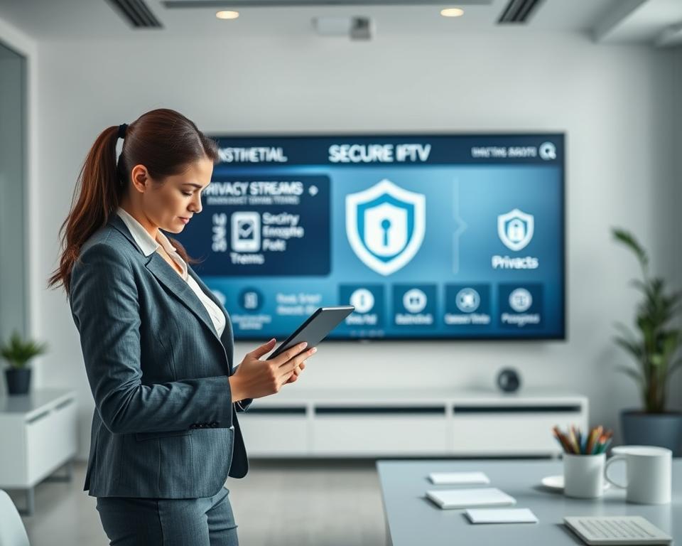 A sleek and modern office space with a professional atmosphere. In the foreground, a confident businesswoman in professional attire is reviewing security documents on a digital tablet, while a serene, well-organized workspace is visible around her. The middle ground features a large screen displaying a secure IPTV interface, showcasing encrypted streams, and icons symbolizing privacy and security features. The background includes soft-focus elements like a window with diffused daylight filtering through, creating a calm and trustworthy environment. The overall mood is one of reliability and professionalism, emphasizing the safety of the IPTV service. Soft lighting enhances the ambiance, with a slight depth of field to focus on the woman and the screen. A sleek and modern office space with a professional atmosphere. In the foreground, a confident businesswoman in professional attire is reviewing security documents on a digital tablet, while a serene, well-organized workspace is visible around her. The middle ground features a large screen displaying a secure IPTV interface, showcasing encrypted streams, and icons symbolizing privacy and security features. The background includes soft-focus elements like a window with diffused daylight filtering through, creating a calm and trustworthy environment. The overall mood is one of reliability and professionalism, emphasizing the safety of the IPTV service. Soft lighting enhances the ambiance, with a slight depth of field to focus on the woman and the screen.