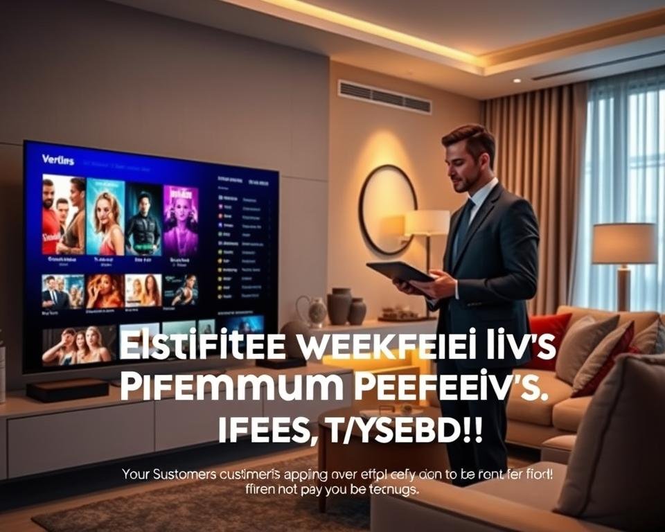 A sleek, elegant design showcasing the exceptional benefits of a premium IPTV subscription. In the foreground, a modern, stylish TV display shows vibrant visuals of popular streaming services, with dynamic colors and engaging imagery. In the middle, a well-dressed professional, wearing business attire, confidently discusses IPTV features through an interactive tablet, symbolizing advanced technology and customer satisfaction. The background features a cozy living room with warm lighting, plush furniture, and decorative elements suggesting comfort and entertainment. The atmosphere conveys a sense of innovation and convenience, highlighting the advantages of the IPTV service in a compelling and visually appealing manner. The scene is well-lit, with soft shadows that enhance the inviting ambiance. A sleek, elegant design showcasing the exceptional benefits of a premium IPTV subscription. In the foreground, a modern, stylish TV display shows vibrant visuals of popular streaming services, with dynamic colors and engaging imagery. In the middle, a well-dressed professional, wearing business attire, confidently discusses IPTV features through an interactive tablet, symbolizing advanced technology and customer satisfaction. The background features a cozy living room with warm lighting, plush furniture, and decorative elements suggesting comfort and entertainment. The atmosphere conveys a sense of innovation and convenience, highlighting the advantages of the IPTV service in a compelling and visually appealing manner. The scene is well-lit, with soft shadows that enhance the inviting ambiance.