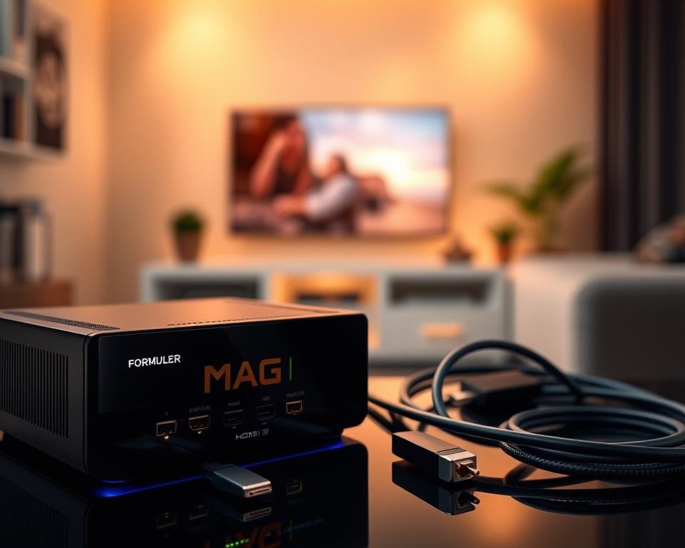 A sleek, high-tech configuration box prominently displayed in the foreground, showcasing the MAG and Formuler models. The box features a glossy black finish with illuminated buttons and glowing LED indicators, reflecting a modern design. In the middle ground, various cables and connectors are elegantly arranged, emphasizing connectivity options like HDMI and Ethernet. The background displays a softly blurred home entertainment setup, including a flat-screen TV and a cozy living room ambiance, bathed in warm, inviting light. The shot is taken at a slight angle, using a shallow depth of field to draw focus to the configuration box while creating a sophisticated and tech-savvy mood. The overall atmosphere is one of advanced technology and seamless integration into everyday life. A sleek, high-tech configuration box prominently displayed in the foreground, showcasing the MAG and Formuler models. The box features a glossy black finish with illuminated buttons and glowing LED indicators, reflecting a modern design. In the middle ground, various cables and connectors are elegantly arranged, emphasizing connectivity options like HDMI and Ethernet. The background displays a softly blurred home entertainment setup, including a flat-screen TV and a cozy living room ambiance, bathed in warm, inviting light. The shot is taken at a slight angle, using a shallow depth of field to draw focus to the configuration box while creating a sophisticated and tech-savvy mood. The overall atmosphere is one of advanced technology and seamless integration into everyday life.
