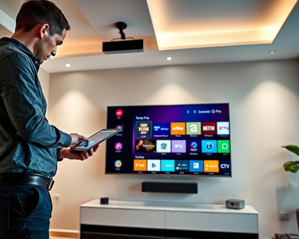 A sleek living room setting showcasing a modern TV installation with an IPTV app interface displayed on the screen. In the foreground, a professional-looking technician in smart casual attire is connecting the device while referring to a tablet. The middle ground features the television, displaying a vibrant and user-friendly app interface for IPTV Smarter Pro, illustrating its streaming capabilities with colorful channel icons. The background consists of a contemporary room with soft lighting from overhead fixtures, creating a warm and inviting atmosphere. The overall mood is focused and efficient, emphasizing the simplicity and speed of the installation process. Use a wide-angle lens perspective to emphasize the entire setup, ensuring clarity and detail without any distractions. A sleek living room setting showcasing a modern TV installation with an IPTV app interface displayed on the screen. In the foreground, a professional-looking technician in smart casual attire is connecting the device while referring to a tablet. The middle ground features the television, displaying a vibrant and user-friendly app interface for IPTV Smarter Pro, illustrating its streaming capabilities with colorful channel icons. The background consists of a contemporary room with soft lighting from overhead fixtures, creating a warm and inviting atmosphere. The overall mood is focused and efficient, emphasizing the simplicity and speed of the installation process. Use a wide-angle lens perspective to emphasize the entire setup, ensuring clarity and detail without any distractions.