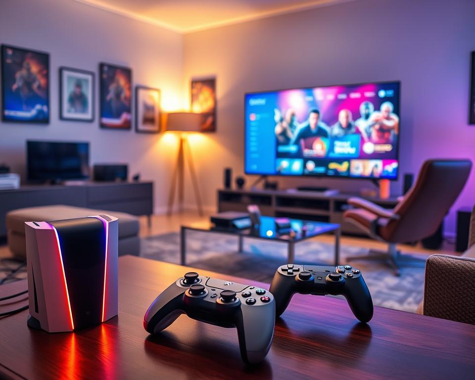 A sleek living room setup featuring a gaming console, specifically a PS5 and an Xbox, alongside a modern IPTV configuration console. In the foreground, showcase the glowing LED lights of the consoles, with smart remotes and a large flat-screen TV displaying a vibrant IPTV interface. In the middle ground, place a stylish coffee table cluttered with tech gadgets, and a comfortable gaming chair facing the setup. The background should consist of a cozy atmosphere with soft, ambient lighting and game posters on the walls, creating an inviting space for gaming enthusiasts. The overall mood should be modern and high-tech, illuminated by dynamic lighting, emphasizing the fusion of gaming and IPTV technology. A sleek living room setup featuring a gaming console, specifically a PS5 and an Xbox, alongside a modern IPTV configuration console. In the foreground, showcase the glowing LED lights of the consoles, with smart remotes and a large flat-screen TV displaying a vibrant IPTV interface. In the middle ground, place a stylish coffee table cluttered with tech gadgets, and a comfortable gaming chair facing the setup. The background should consist of a cozy atmosphere with soft, ambient lighting and game posters on the walls, creating an inviting space for gaming enthusiasts. The overall mood should be modern and high-tech, illuminated by dynamic lighting, emphasizing the fusion of gaming and IPTV technology.
