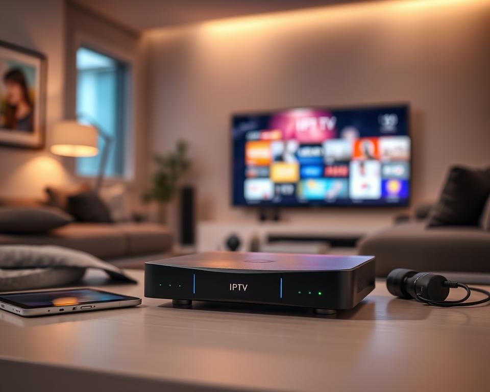 A sleek, modern IPTV set-top box prominently displayed in the foreground, showcasing its curved design and illuminated LED indicators. Surrounding it, high-tech gadgets like a tablet and smartphone highlight the interconnected nature of the service. In the middle ground, a blurred screen displays a vibrant user interface featuring various IPTV channels, enhancing the viewer's experience. The background is softly lit with a contemporary living room setup, including a stylish sofa and wall-mounted TV, suggesting a cozy viewing atmosphere. Soft, warm lighting casts gentle shadows, creating an inviting mood. A slight lens vignette adds depth to the scene, emphasizing the focus on the IPTV service's technical excellence. The overall composition conveys sophistication and premium quality. A sleek, modern IPTV set-top box prominently displayed in the foreground, showcasing its curved design and illuminated LED indicators. Surrounding it, high-tech gadgets like a tablet and smartphone highlight the interconnected nature of the service. In the middle ground, a blurred screen displays a vibrant user interface featuring various IPTV channels, enhancing the viewer's experience. The background is softly lit with a contemporary living room setup, including a stylish sofa and wall-mounted TV, suggesting a cozy viewing atmosphere. Soft, warm lighting casts gentle shadows, creating an inviting mood. A slight lens vignette adds depth to the scene, emphasizing the focus on the IPTV service's technical excellence. The overall composition conveys sophistication and premium quality.
