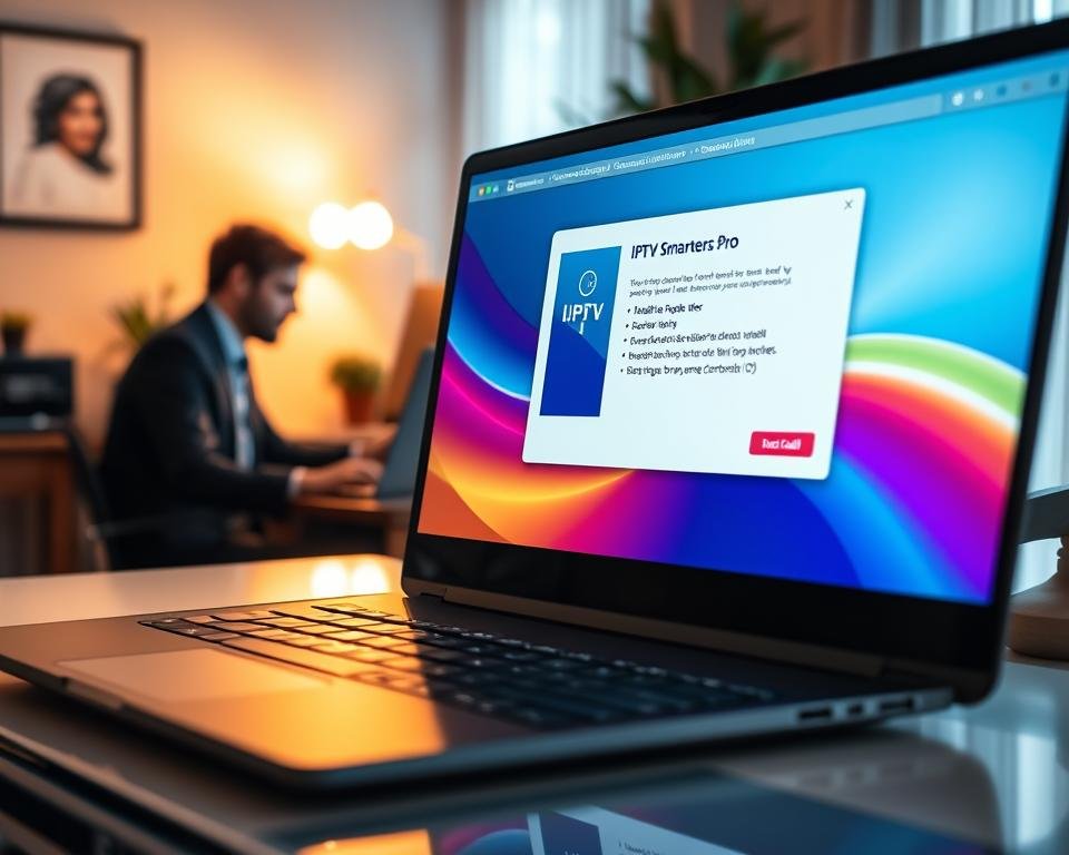A sleek, modern Windows application interface displayed on a high-resolution monitor. In the foreground, a laptop is open, showcasing the IPTV Smarters Pro installer window with a clean, user-friendly layout featuring vibrant colors. The background consists of a cozy home office setting, with a stylish desk, a potted plant, and ambient lighting creating a warm atmosphere. Soft light casts gentle shadows, enhancing the depth of the scene. The camera angle is slightly elevated, capturing both the screen and the surrounding workspace. A professional individual in business attire is seated at the desk, focusedly interacting with the application. The overall mood is inviting and productive, perfect for showcasing the installation process on a Windows PC. A sleek, modern Windows application interface displayed on a high-resolution monitor. In the foreground, a laptop is open, showcasing the IPTV Smarters Pro installer window with a clean, user-friendly layout featuring vibrant colors. The background consists of a cozy home office setting, with a stylish desk, a potted plant, and ambient lighting creating a warm atmosphere. Soft light casts gentle shadows, enhancing the depth of the scene. The camera angle is slightly elevated, capturing both the screen and the surrounding workspace. A professional individual in business attire is seated at the desk, focusedly interacting with the application. The overall mood is inviting and productive, perfect for showcasing the installation process on a Windows PC.