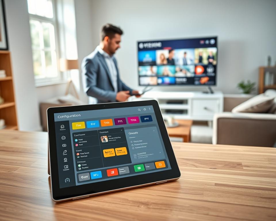 A sleek, modern configuration application interface displayed on a high-resolution tablet screen in a bright, well-lit room. In the foreground, the tablet sits on a wooden desk, showcasing a user-friendly dashboard with vibrant buttons and icons, reflecting the simplicity of setting up IPTV services. In the middle ground, a professional-looking person (dressed in smart casual attire) interacts with the device, demonstrating ease of use. The background features a cozy living room setup with a large TV displaying colorful streaming content and a comfortable sofa. The atmosphere is welcoming and productive, enhanced by natural light streaming through a window, creating a warm and inviting ambiance. Focus on clarity and intuitive design elements. A sleek, modern configuration application interface displayed on a high-resolution tablet screen in a bright, well-lit room. In the foreground, the tablet sits on a wooden desk, showcasing a user-friendly dashboard with vibrant buttons and icons, reflecting the simplicity of setting up IPTV services. In the middle ground, a professional-looking person (dressed in smart casual attire) interacts with the device, demonstrating ease of use. The background features a cozy living room setup with a large TV displaying colorful streaming content and a comfortable sofa. The atmosphere is welcoming and productive, enhanced by natural light streaming through a window, creating a warm and inviting ambiance. Focus on clarity and intuitive design elements.