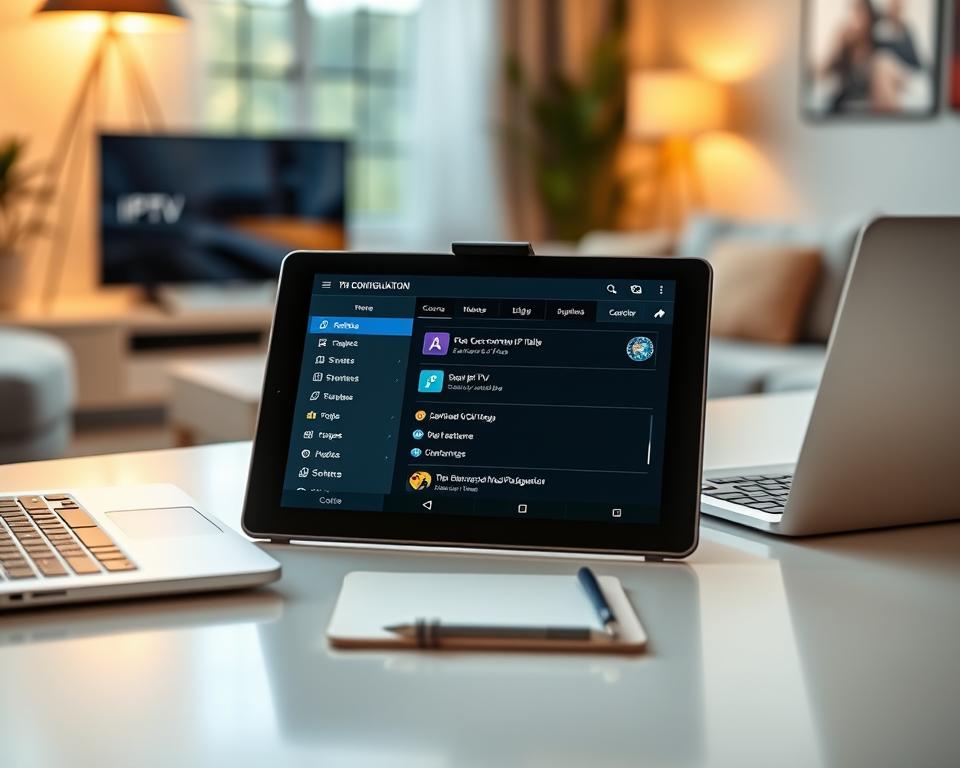 A sleek, modern configuration application interface displayed on an Android tablet screen, showcasing IPTV settings and options for streaming. In the foreground, the tablet is positioned on a stylish desk with clean lines, equipped with a professional laptop and a notepad. The middle layer features the tablet displaying colorful icons, vibrant graphics, and a streamlined layout, inviting the user to engage. The background includes a softly lit cozy home environment, with subtle bokeh effects highlighting a contemporary living space. The lighting is warm and inviting, creating a professional yet relaxed atmosphere. The angle is slightly elevated, emphasizing the tablet’s screen while keeping the surrounding elements in clear focus. A sleek, modern configuration application interface displayed on an Android tablet screen, showcasing IPTV settings and options for streaming. In the foreground, the tablet is positioned on a stylish desk with clean lines, equipped with a professional laptop and a notepad. The middle layer features the tablet displaying colorful icons, vibrant graphics, and a streamlined layout, inviting the user to engage. The background includes a softly lit cozy home environment, with subtle bokeh effects highlighting a contemporary living space. The lighting is warm and inviting, creating a professional yet relaxed atmosphere. The angle is slightly elevated, emphasizing the tablet’s screen while keeping the surrounding elements in clear focus.