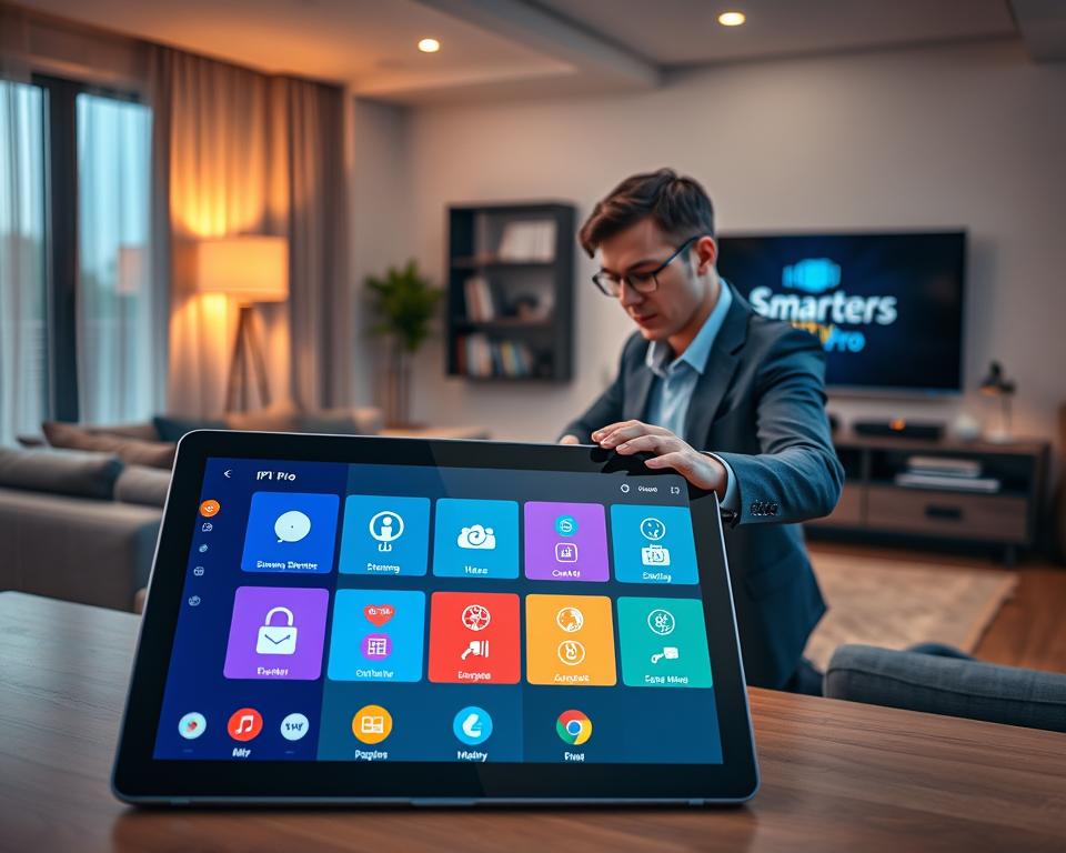 A sleek, modern digital interface showcasing the advanced features of Smarters IPTV Pro. In the foreground, a high-resolution tablet displays vibrant icons symbolizing various functionalities like streaming, scheduling, and user profiles. The middle ground features a contemporary living room setup, with a stylish sofa and a large flat-screen TV displaying the Smarters IPTV Pro logo. The background showcases a cozy home ambiance, softly illuminated by warm lighting, creating an inviting atmosphere. A professional individual, dressed in smart casual attire, interacts with the tablet, exuding a sense of excitement and engagement. The scene is captured at a slight angle for depth, emphasizing the user-friendly design of the IPTV interface while ensuring a clear focus on its exceptional features. A sleek, modern digital interface showcasing the advanced features of Smarters IPTV Pro. In the foreground, a high-resolution tablet displays vibrant icons symbolizing various functionalities like streaming, scheduling, and user profiles. The middle ground features a contemporary living room setup, with a stylish sofa and a large flat-screen TV displaying the Smarters IPTV Pro logo. The background showcases a cozy home ambiance, softly illuminated by warm lighting, creating an inviting atmosphere. A professional individual, dressed in smart casual attire, interacts with the tablet, exuding a sense of excitement and engagement. The scene is captured at a slight angle for depth, emphasizing the user-friendly design of the IPTV interface while ensuring a clear focus on its exceptional features.