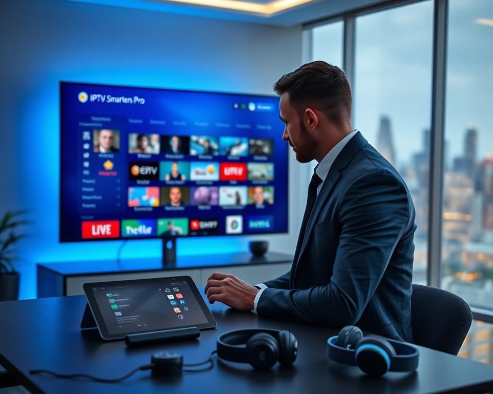 A sleek, modern digital workspace showcasing the IPTV Smarters Pro interface on a large monitor, illuminating the room with a soft, cool blue light. In the foreground, a focused professional in business attire examines the interface, a mix of vibrant streaming channels displayed in an organized layout. The middle ground features a stylish desk with tech gadgets: a tablet, smart remote control, and headphones, emphasizing the advanced capabilities of IPTV Smarters Pro. In the background, an abstract cityscape is visible through a large window, symbolizing connectivity and entertainment. The atmosphere is innovative and inviting, with a smooth bokeh effect to highlight the subject matter. The overall lighting is bright yet calming, creating a sense of productivity and modern technology. A sleek, modern digital workspace showcasing the IPTV Smarters Pro interface on a large monitor, illuminating the room with a soft, cool blue light. In the foreground, a focused professional in business attire examines the interface, a mix of vibrant streaming channels displayed in an organized layout. The middle ground features a stylish desk with tech gadgets: a tablet, smart remote control, and headphones, emphasizing the advanced capabilities of IPTV Smarters Pro. In the background, an abstract cityscape is visible through a large window, symbolizing connectivity and entertainment. The atmosphere is innovative and inviting, with a smooth bokeh effect to highlight the subject matter. The overall lighting is bright yet calming, creating a sense of productivity and modern technology.
