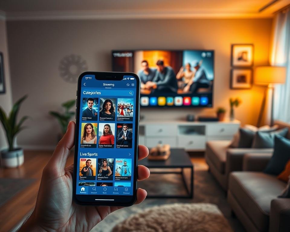 A sleek, modern interface of an IPTV application displayed on a high-resolution smartphone in the foreground, showcasing various streaming categories like movies, series, and live sports. In the middle ground, a stylish living room with contemporary furniture, a large flat-screen TV mounted on the wall playing a vibrant scene from a film, adding to the interactive feel. The background features warm, ambient lighting casting a cozy atmosphere, with plants and art pieces to enhance the homely vibe. The scene is captured from a slight angle, emphasizing the phone and TV simultaneously, conveying a sense of connectivity and choice in entertainment. The image focuses on clarity and professionalism, suitable for illustrating a technology article. A sleek, modern interface of an IPTV application displayed on a high-resolution smartphone in the foreground, showcasing various streaming categories like movies, series, and live sports. In the middle ground, a stylish living room with contemporary furniture, a large flat-screen TV mounted on the wall playing a vibrant scene from a film, adding to the interactive feel. The background features warm, ambient lighting casting a cozy atmosphere, with plants and art pieces to enhance the homely vibe. The scene is captured from a slight angle, emphasizing the phone and TV simultaneously, conveying a sense of connectivity and choice in entertainment. The image focuses on clarity and professionalism, suitable for illustrating a technology article.