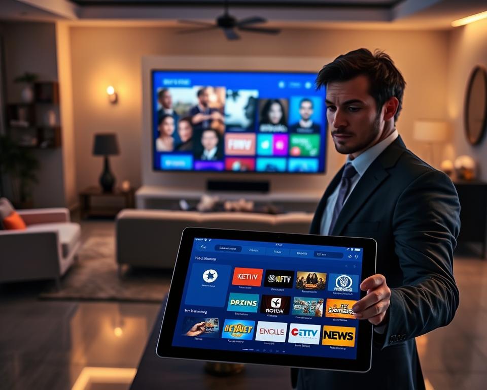 A sleek, modern interface of the IPTV Smarters Pro application displayed on a high-resolution screen. The foreground features a vibrant tablet held by a professional user, dressed in smart business attire, showcasing the application's dashboard filled with colorful icons for various streaming services. In the middle ground, a stylish living room setting with a contemporary sofa and a television displaying the application interface, illuminated by soft, warm lighting. The background shows a cozy, inviting atmosphere with elegant decor. The camera angle is slightly elevated, providing a dynamic view of the interface and the user’s engagement with the technology, capturing a sense of innovation and efficiency in digital entertainment. A sleek, modern interface of the IPTV Smarters Pro application displayed on a high-resolution screen. The foreground features a vibrant tablet held by a professional user, dressed in smart business attire, showcasing the application's dashboard filled with colorful icons for various streaming services. In the middle ground, a stylish living room setting with a contemporary sofa and a television displaying the application interface, illuminated by soft, warm lighting. The background shows a cozy, inviting atmosphere with elegant decor. The camera angle is slightly elevated, providing a dynamic view of the interface and the user’s engagement with the technology, capturing a sense of innovation and efficiency in digital entertainment.