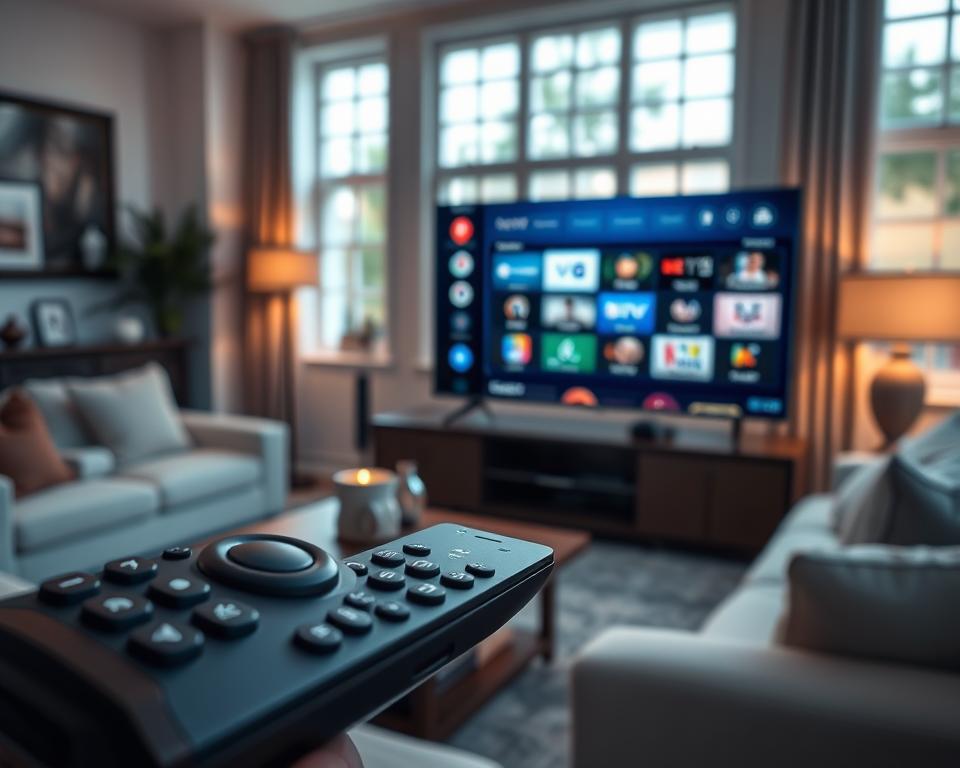 A sleek, modern interface of the Smarters Pro IPTV application displayed prominently on a high-definition smart TV screen in a stylish living room setting. In the foreground, a close-up of a remote control and a smartphone showcasing user-friendly features of the app, including channel browsing and a favorites list. The middle ground features a comfortable sofa and tasteful decor, creating a welcoming atmosphere. In the background, a soft glow from ambient lighting enhances the cozy vibe. The room has large windows with daytime light streaming in, casting gentle shadows. The overall mood is relaxed and inviting, perfect for enjoying streaming content with family and friends. Focus on clarity and vibrant colors to emphasize the application's advantages, with a cinematic feel to the composition. A sleek, modern interface of the Smarters Pro IPTV application displayed prominently on a high-definition smart TV screen in a stylish living room setting. In the foreground, a close-up of a remote control and a smartphone showcasing user-friendly features of the app, including channel browsing and a favorites list. The middle ground features a comfortable sofa and tasteful decor, creating a welcoming atmosphere. In the background, a soft glow from ambient lighting enhances the cozy vibe. The room has large windows with daytime light streaming in, casting gentle shadows. The overall mood is relaxed and inviting, perfect for enjoying streaming content with family and friends. Focus on clarity and vibrant colors to emphasize the application's advantages, with a cinematic feel to the composition.