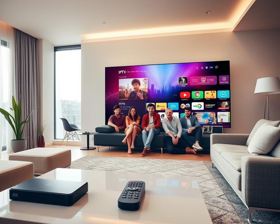 A sleek, modern living room featuring a large 4K TV displaying a vibrant IPTV interface. In the foreground, there is a stylish coffee table with a remote control and a streaming device, emphasizing the theme of IPTV compatibility. The middle layer includes a sofa with a family gathered around the TV, showcasing diverse individuals dressed in casual yet polished clothing, all engaged and enjoying the content. The background features a large window with soft daylight filtering in, creating a warm and inviting atmosphere. The overall mood is energetic yet relaxed, highlighting the technological harmony of IPTV across devices. Use soft lighting to enhance the cozy feel, and a wide-angle shot to capture the entire scene. A sleek, modern living room featuring a large 4K TV displaying a vibrant IPTV interface. In the foreground, there is a stylish coffee table with a remote control and a streaming device, emphasizing the theme of IPTV compatibility. The middle layer includes a sofa with a family gathered around the TV, showcasing diverse individuals dressed in casual yet polished clothing, all engaged and enjoying the content. The background features a large window with soft daylight filtering in, creating a warm and inviting atmosphere. The overall mood is energetic yet relaxed, highlighting the technological harmony of IPTV across devices. Use soft lighting to enhance the cozy feel, and a wide-angle shot to capture the entire scene.