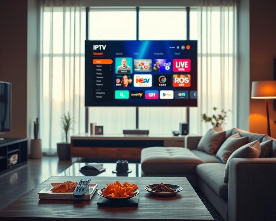 A sleek, modern living room featuring a large flat-screen TV displaying a high-definition interface of an IPTV service. In the foreground, a stylish coffee table with a remote control and snacks, symbolizing a cozy entertainment setting. The middle ground displays a comfortable sofa with neat cushions, capturing an inviting atmosphere. In the background, large windows let in warm, soft natural light, enhancing the space's tranquility. The walls are adorned with technology-themed décor, subtly indicating a connection to modern entertainment. The overall mood is relaxed and professional, showcasing the exclusivity of the IPTV Smarters Pro pack, making it enticing for viewers looking to enhance their home viewing experience. A sleek, modern living room featuring a large flat-screen TV displaying a high-definition interface of an IPTV service. In the foreground, a stylish coffee table with a remote control and snacks, symbolizing a cozy entertainment setting. The middle ground displays a comfortable sofa with neat cushions, capturing an inviting atmosphere. In the background, large windows let in warm, soft natural light, enhancing the space's tranquility. The walls are adorned with technology-themed décor, subtly indicating a connection to modern entertainment. The overall mood is relaxed and professional, showcasing the exclusivity of the IPTV Smarters Pro pack, making it enticing for viewers looking to enhance their home viewing experience.