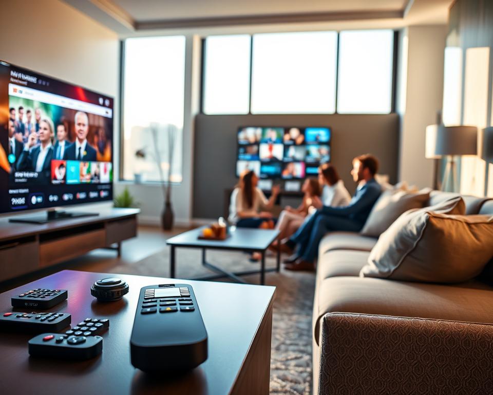 A sleek modern living room featuring a large flat-screen TV displaying vibrant IPTV streaming content. In the foreground, a stylish entertainment center adorned with remote controls and subscription service logos. In the middle, we see a comfortable sofa with a family or group of friends dressed in smart casual attire, engaging with the content on the TV. The background shows a well-lit room with large windows allowing natural light to flood in, creating an inviting atmosphere. Soft shadows enhance the warm mood of the space. The lens captures the scene at a slight angle, emphasizing the interaction between the viewers and the television. Overall, the image should convey excitement and enjoyment of premium IPTV features. A sleek modern living room featuring a large flat-screen TV displaying vibrant IPTV streaming content. In the foreground, a stylish entertainment center adorned with remote controls and subscription service logos. In the middle, we see a comfortable sofa with a family or group of friends dressed in smart casual attire, engaging with the content on the TV. The background shows a well-lit room with large windows allowing natural light to flood in, creating an inviting atmosphere. Soft shadows enhance the warm mood of the space. The lens captures the scene at a slight angle, emphasizing the interaction between the viewers and the television. Overall, the image should convey excitement and enjoyment of premium IPTV features.